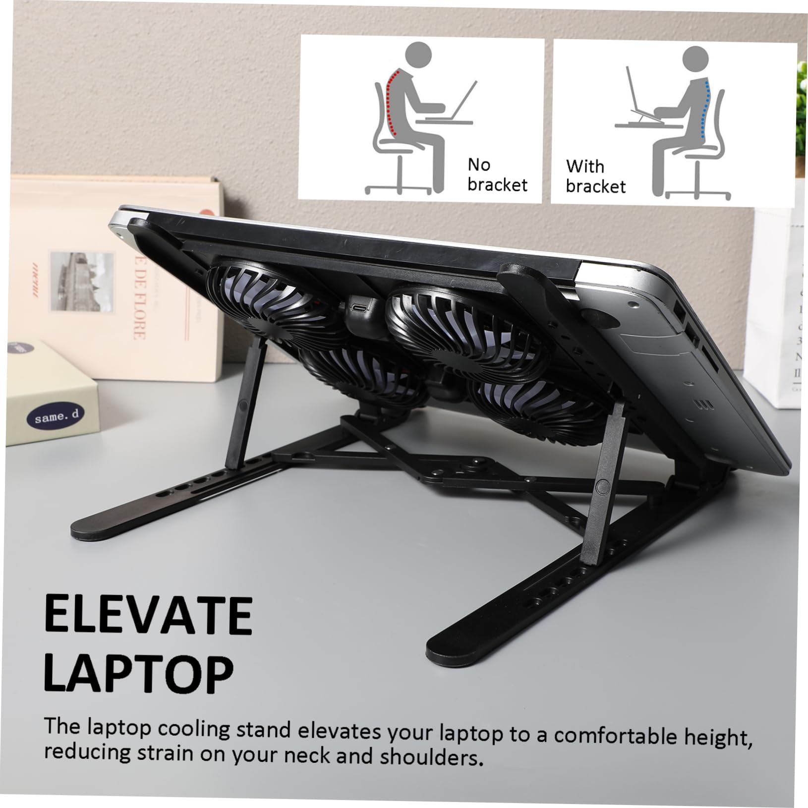 HOMSFOU Soporte Enfriador para Computadora Portátil 4 Ventiladores, Plegable y Eficaz, Material PC y Silicona, Alimentación USB para Uso en Oficina o Juegos