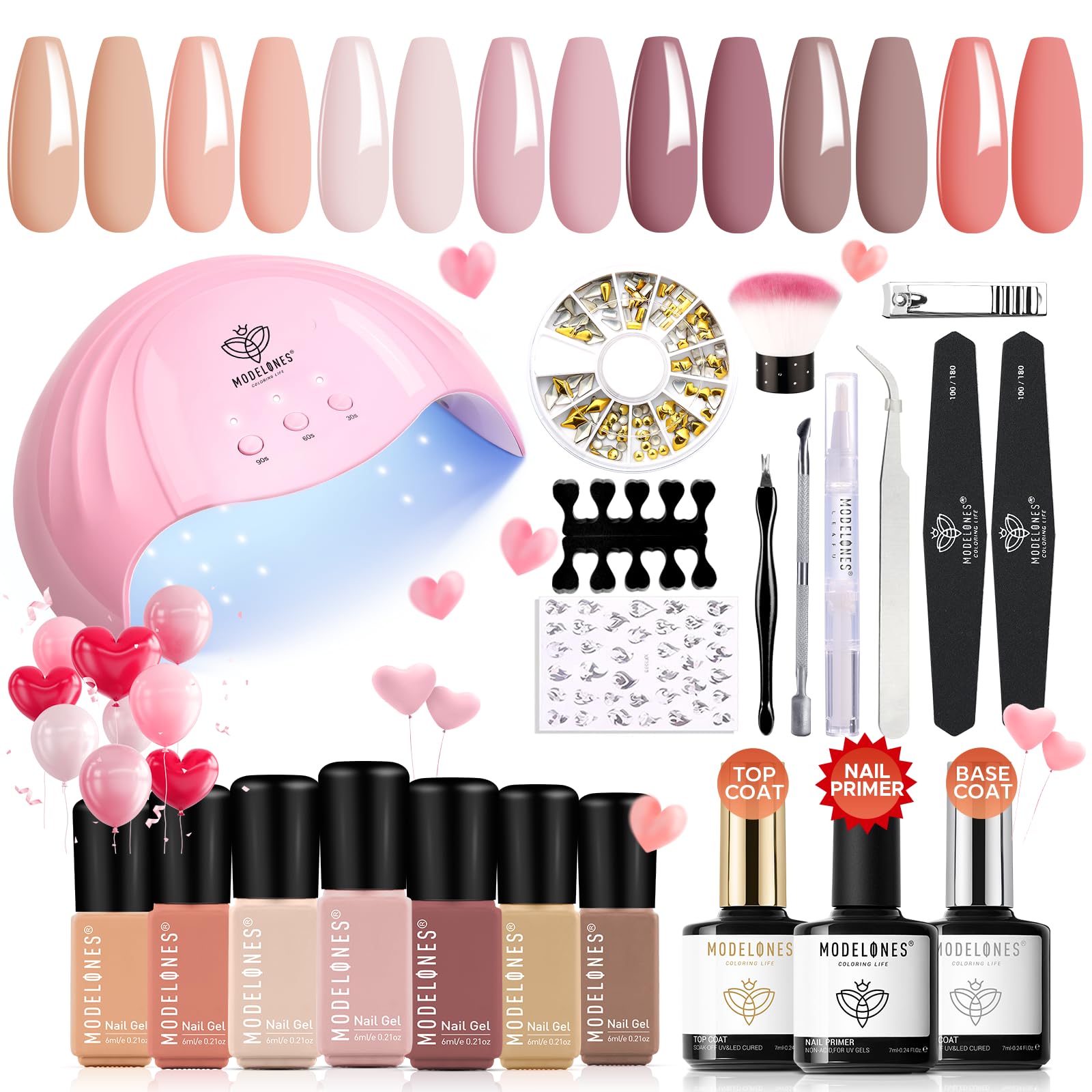 Modelones Kit Uñas Semipermanentes 22Pcs 7 Colores Esmaltes con Lampara UV 48W Kit Manicura Semipermanente Primer Base y Top Coat, Kit Uñas de Gel para Principiantes, Desnudo Rosa Marrón