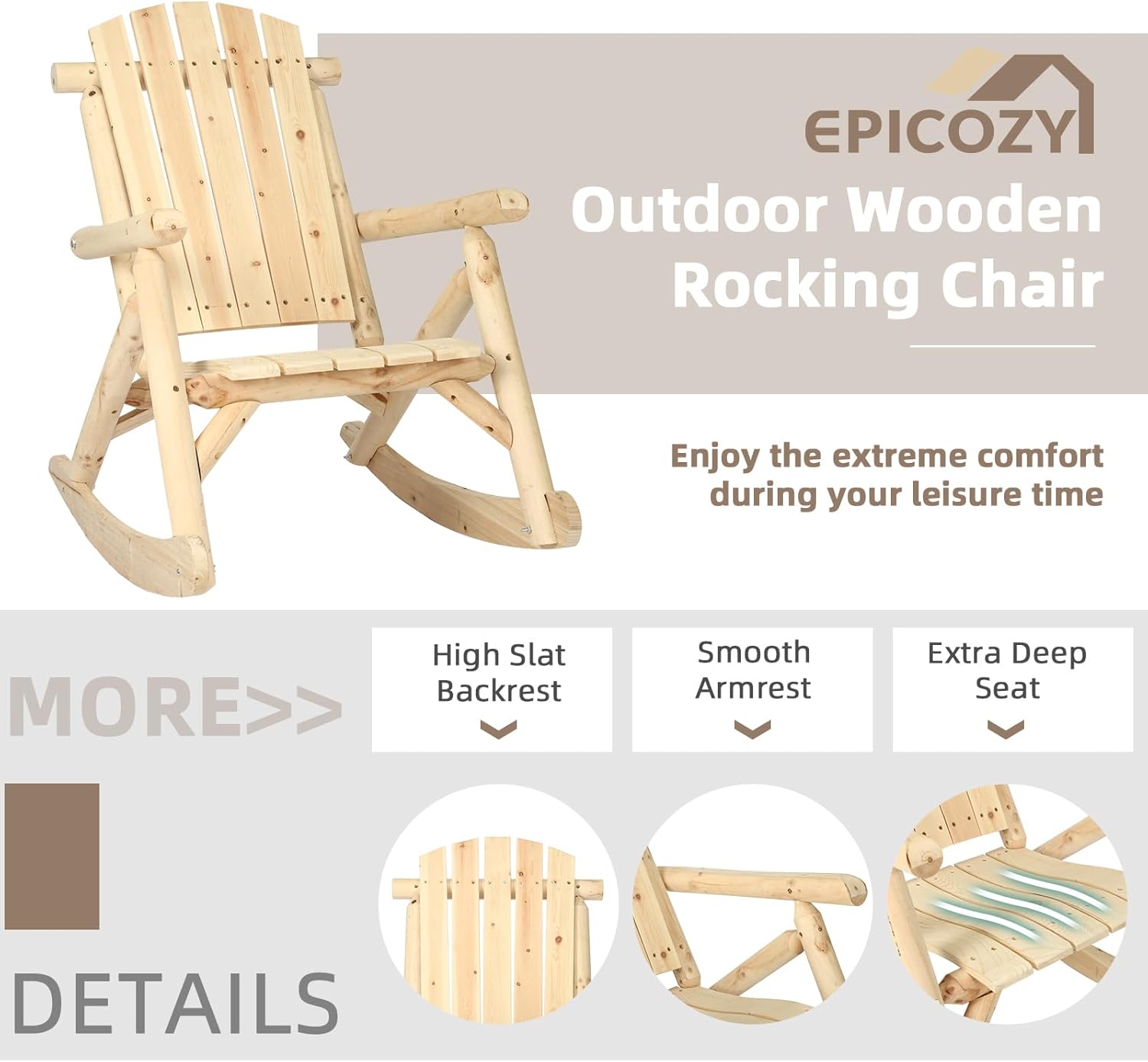 Outdoor Wooden Rocking Chair, Patio Log Rustic Adirondack Porch Rocker, All Weather Solid Wood Rocker Chair with High Back & Slatted Seat for Indoor, Backyard, Garden (Set of 2, Natural)