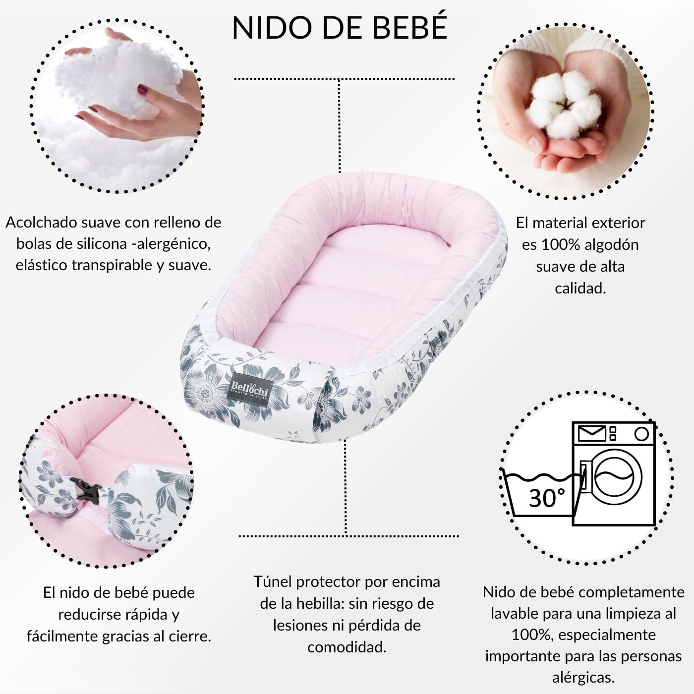 Bellochi Nido Bebe Recien Nacido, Reductor de Cuna Nido para Bebe - 100% Algodón - OEKO-TEX Certificado - 90x60x12cm con Bordes Protectores - Pink Berry