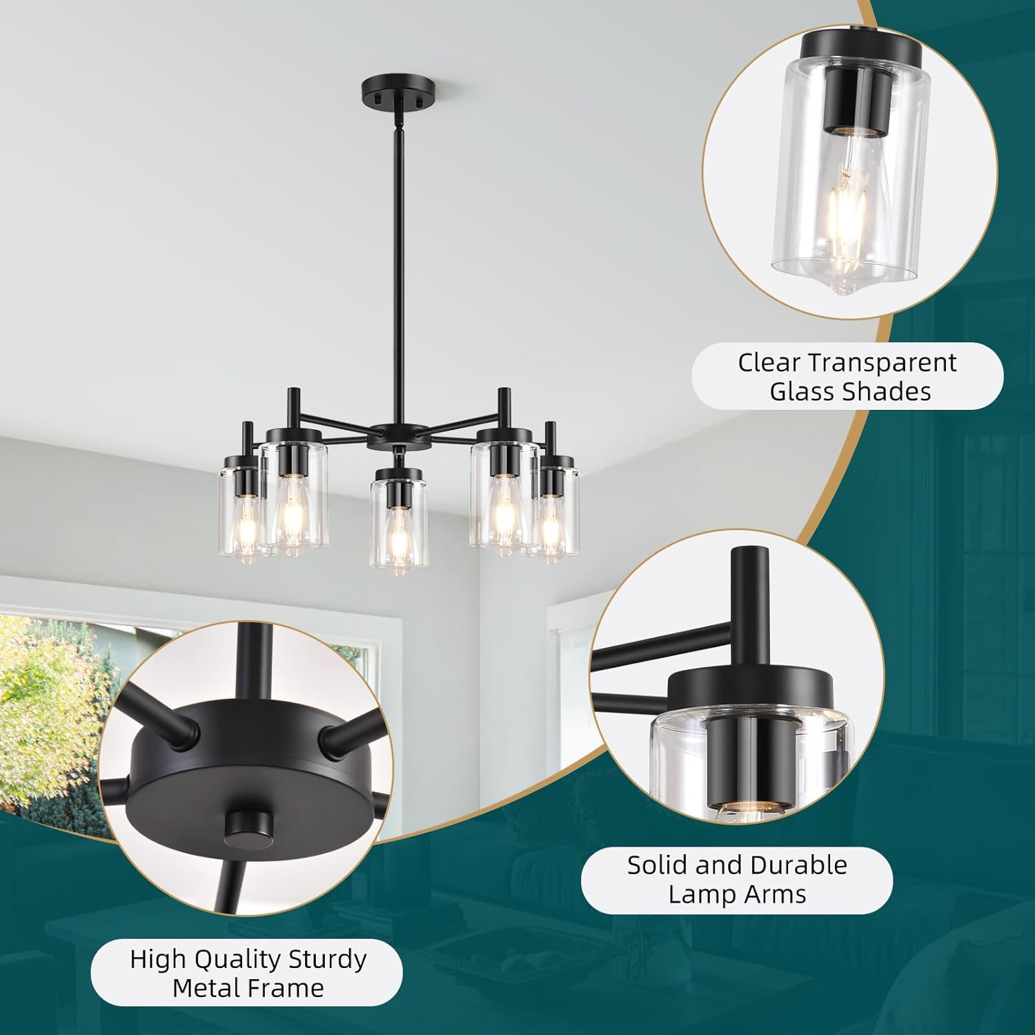 5 Lights Black Modern Farmhouse Chandelier for Dining Room with Glass Shade, Pre-Wired Height Adjustable Pendant Light Ceiling Lighting Fixture for Dining Living Room Bedroom Kitchen Foyer
