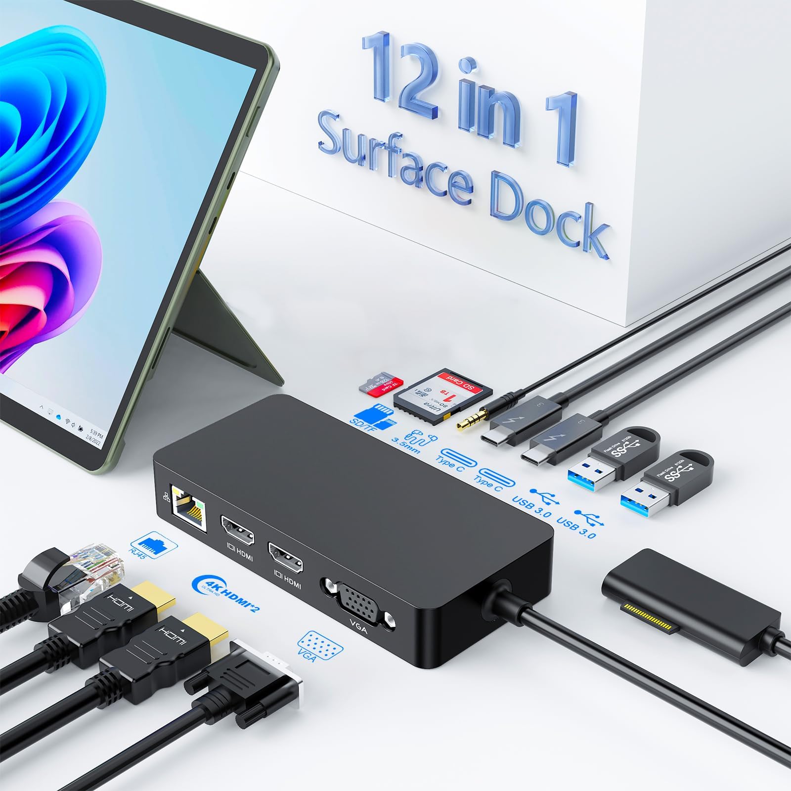 Surface Docking Station, Triple Display via Dual 4K HDMI & VGA, 12-in-1 with Power Adapter for Surface Laptop 5/4/3 & Surface Pro 11/10/9/8/7/X, Surface Go/Book