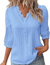 Keepink Women's 3/4 Length Sleeve Tops V Neck Dressy Casual Blouses Boho Summer Tees Shirts Solid Tshirt Loose Comfy Tunics Blouse Elegant Business Work Outfits Clearance