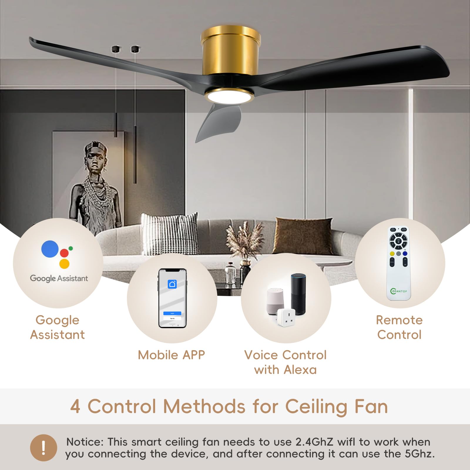 OFANTOP 132 cm Schwarz und Gold Flächenbündiger Deckenventilator | mit Beleuchtung dimmbarem LED 24W Leiser DC-Motor, Fernbedienung mit Memory-Funktion, Timer