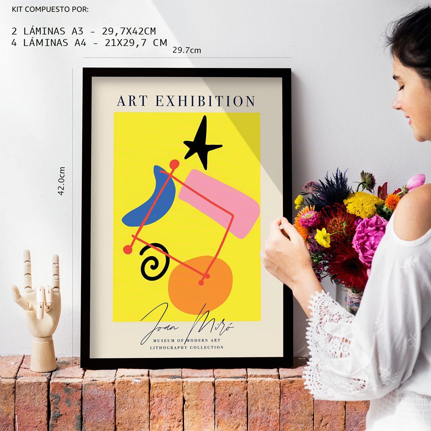 Nacnic Set de 6 Posters de Arte Miró. Colección de láminas con estética Collage para la decoración de Interiores. Tamaños A3 y A4. con Marco Blanco.
