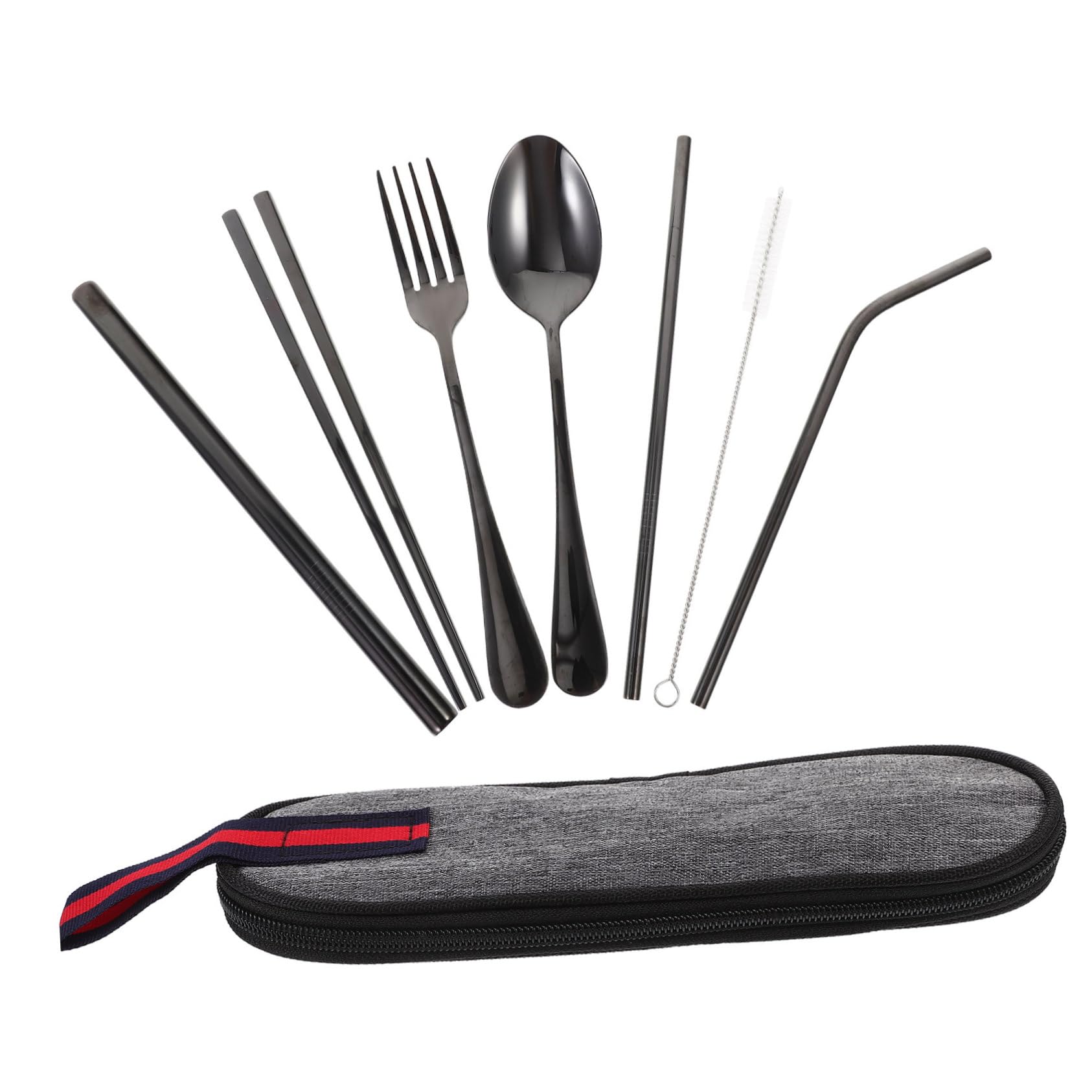 BCOATH Stainless Steel Straw Set 7-Piece Travel Utensils Fork Spoon Chopsticks Portable Camping Tableware Outdoor Silverware Set Organizer Bag Random Style