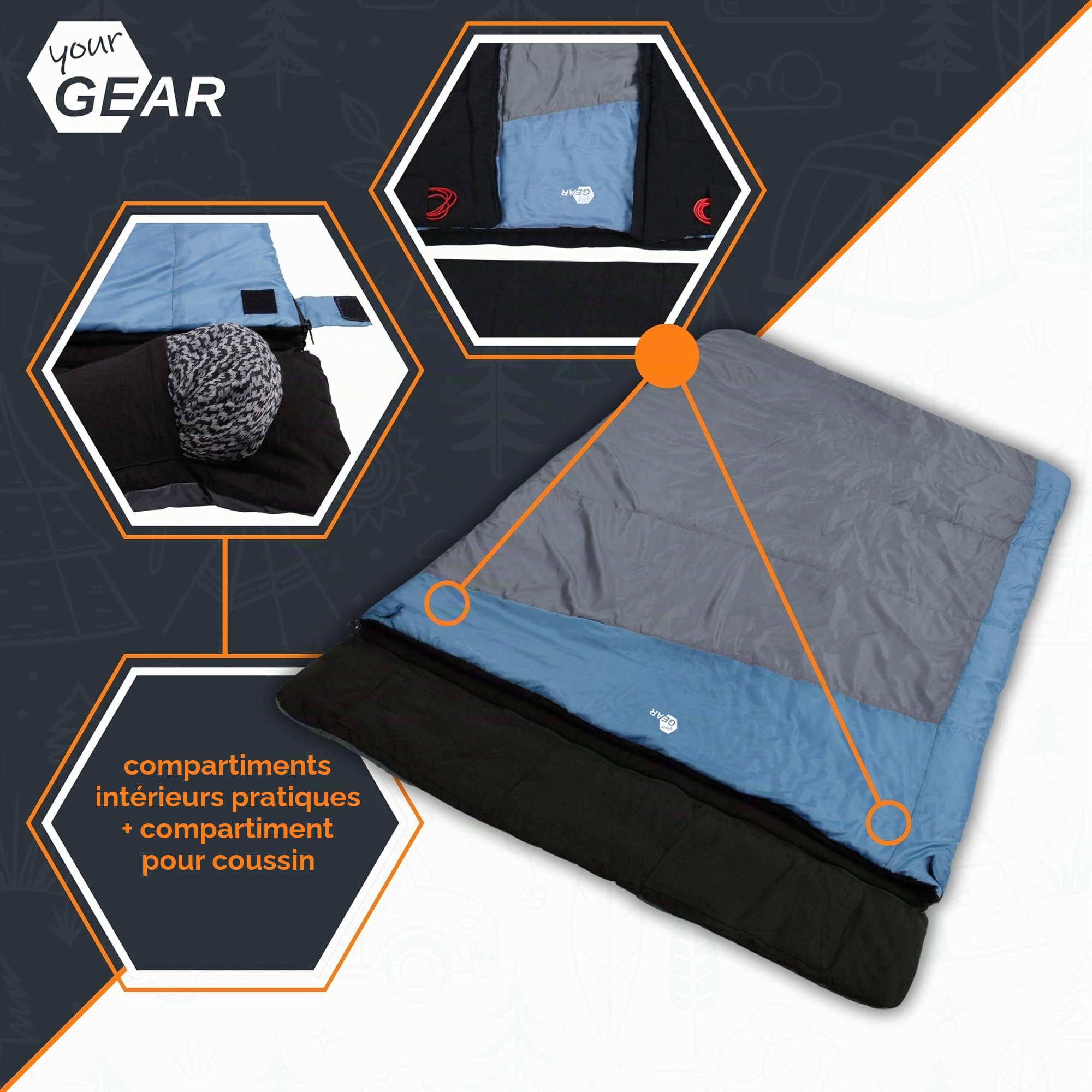 your GEAR Sumatra Duo Sac de couchage double pour 2 personnes avec 100 % flanelle de coton - Sac de couchage XXL divisible en 2 sacs de couchage simples - 3 saisons - Confort +10 °C/extrême -7 °C