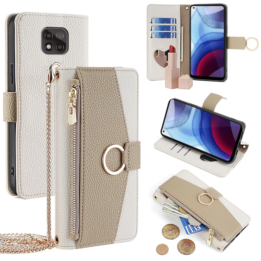 YOUULAR Wallet Case with Crossbody Strap Compatible for Motorola Moto G Power (2021), Magnetic Handbag Zipper Pocket Cases PU Leather Flip Shockproof Cover with Kickstand White