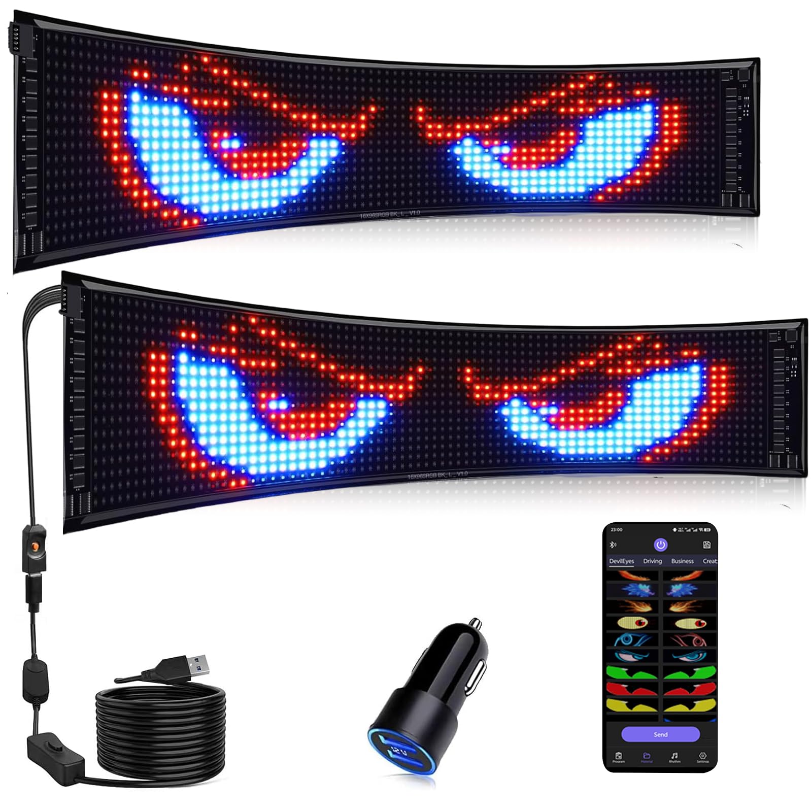 Diabelskie oczy zestaw 2 wyświetlaczy LED 59 x 12 cm – programowalna synchronizacja z funkcją Auto-Sync, wodoszczelny IP65, elastyczny panel do przedniej szyby ciężarówki/samochodu + reklamy