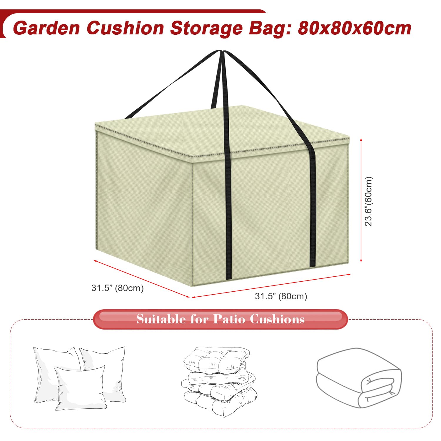 LAMUNI Gartenpolster Auflagentasche, 80x80x60cm Aufbewahrungstasche Gartenauflagen Wasserdicht Polsterauflagen Schutzhülle mit Tragegriff, 600D Oxford Tasche für Auflagen, Stuhlkissen, Sofakissen