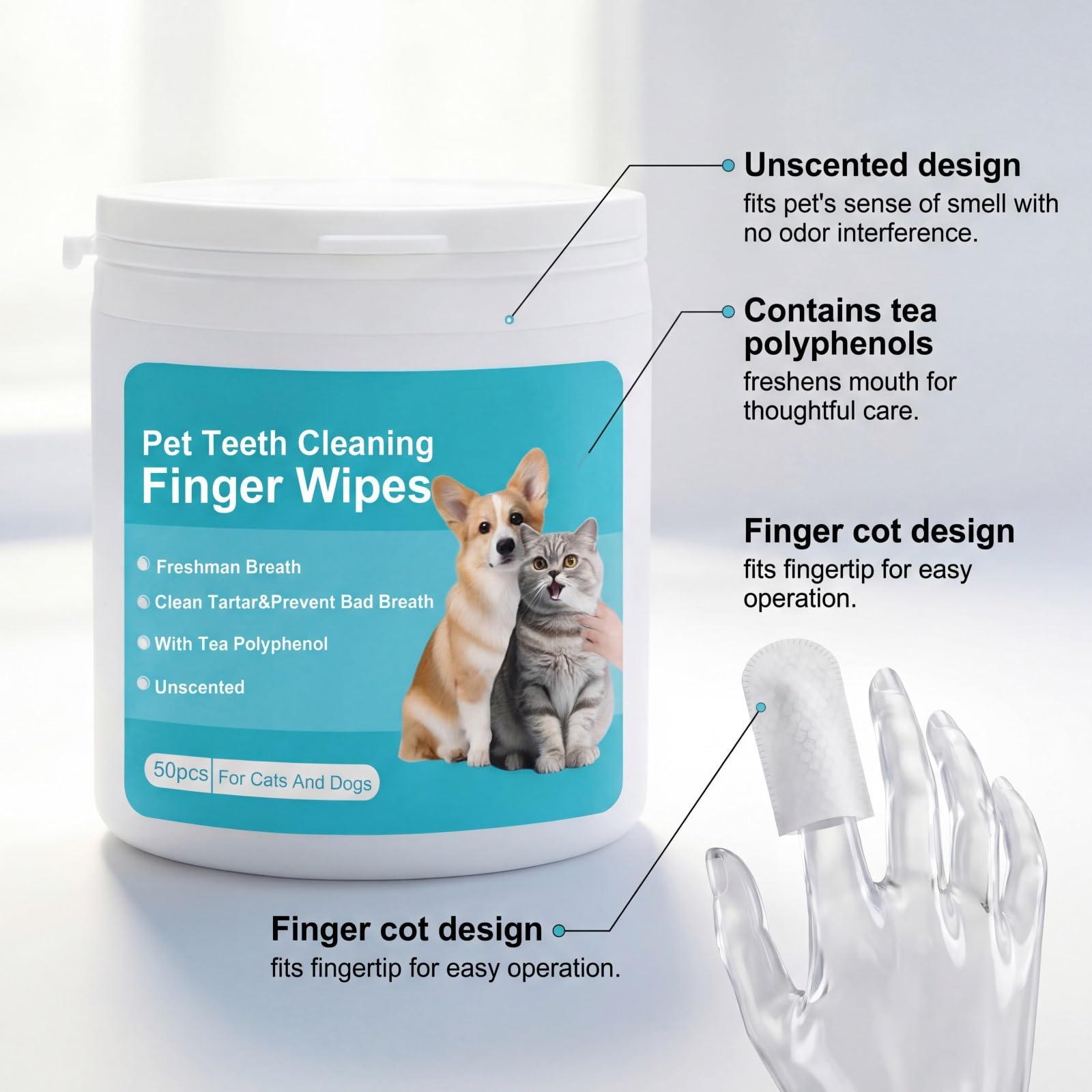 2026 New Natural Pet Dental Finger Wipes, Clean Teeth & Fresh Breath for Dogs & Cats, Dental Wipes, Natural Pet Oral Care, Plaque & Tartar Remover, Bad Breath Freshener (1cans+ear clean)