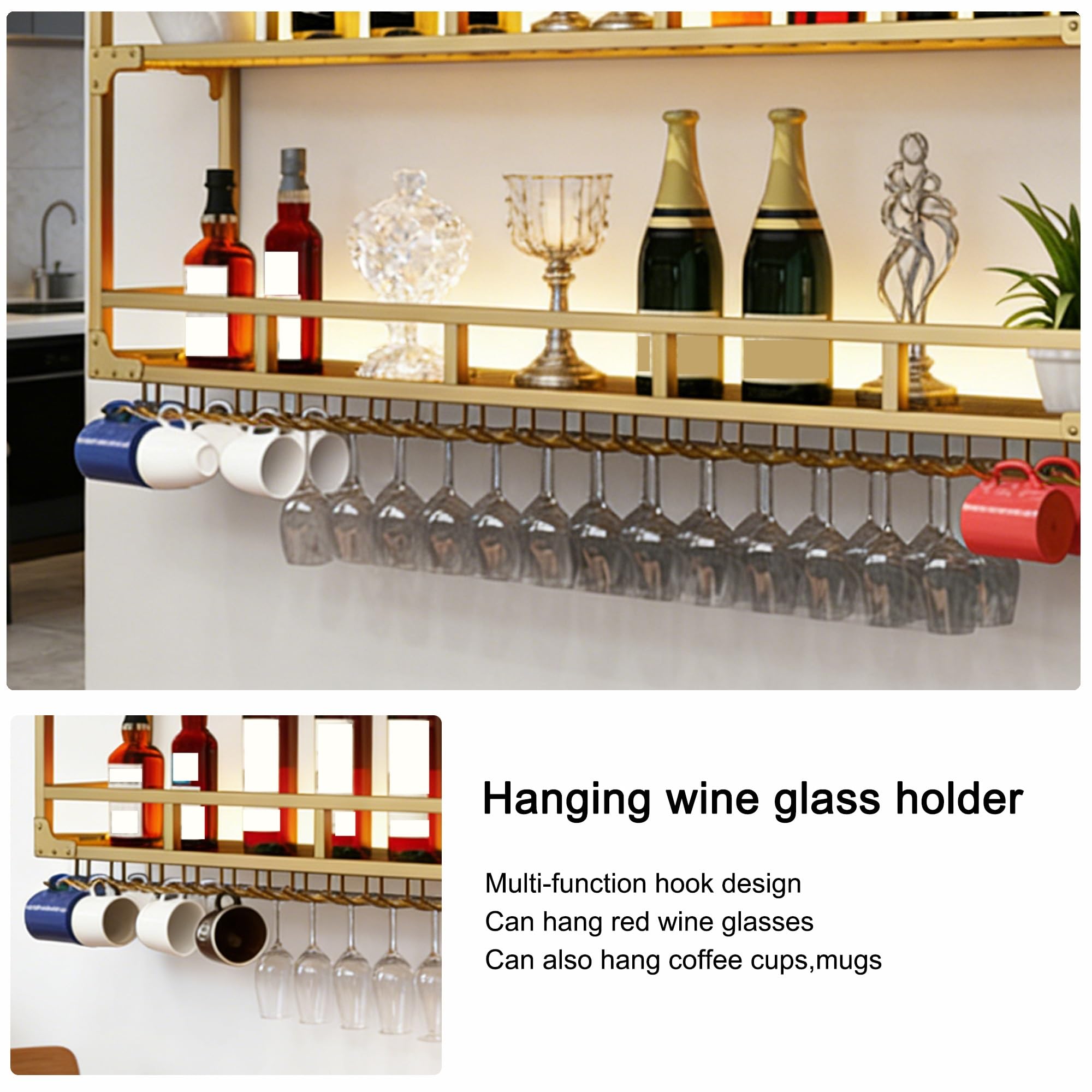 Moderne Weinregal Metall Regal Bar Wand mit Weinglashalter für Bar Restaurants Wohnzimmer Küche(Black-2layers,100cm(39.37in))
