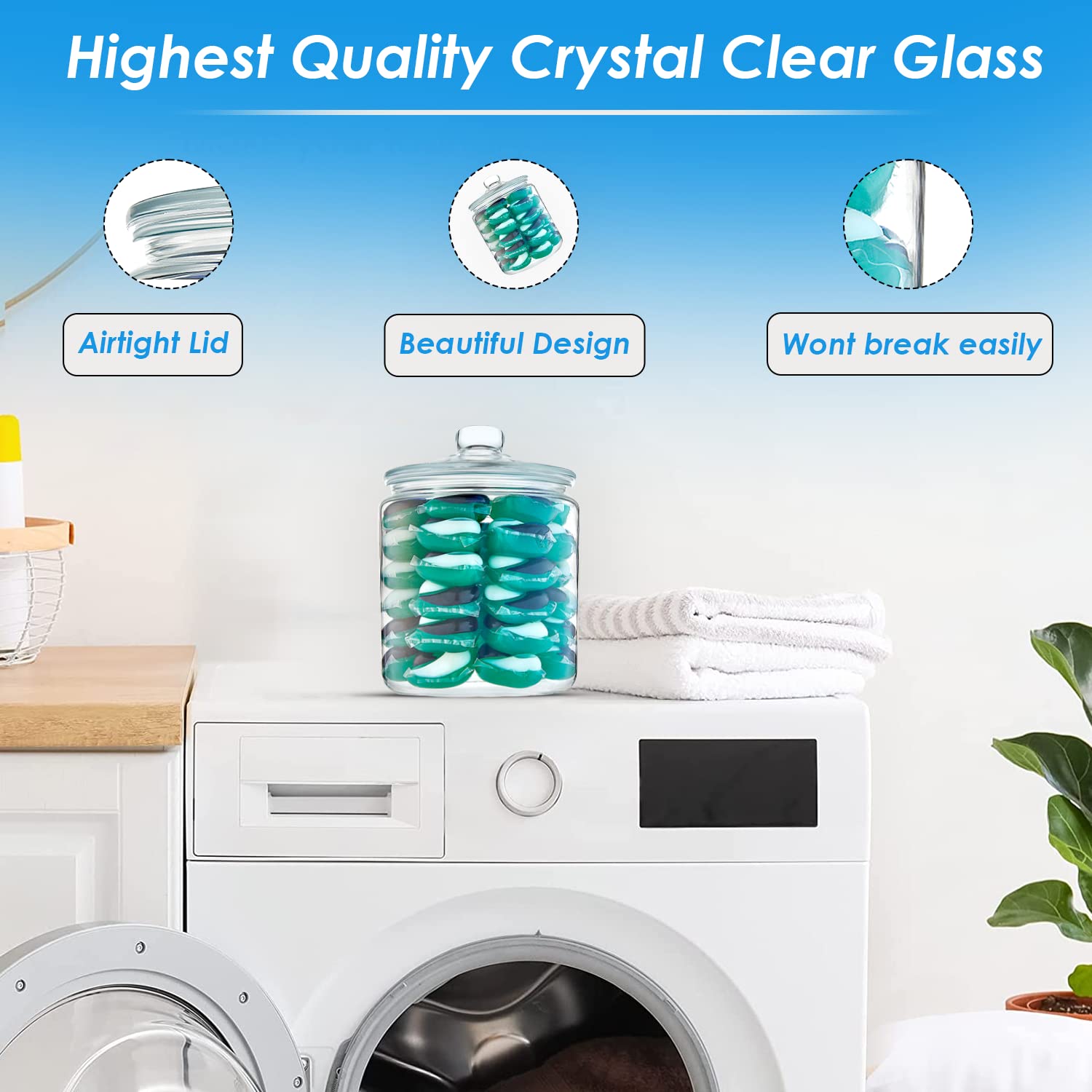 Laundry Pods Holder, Gallon Glass Apothecary Airtight Container for Detergent Pods and Powders - Home Organization Cookie Jar for Kitchen & Laundry Room by kitchentoolz - Pack of 1