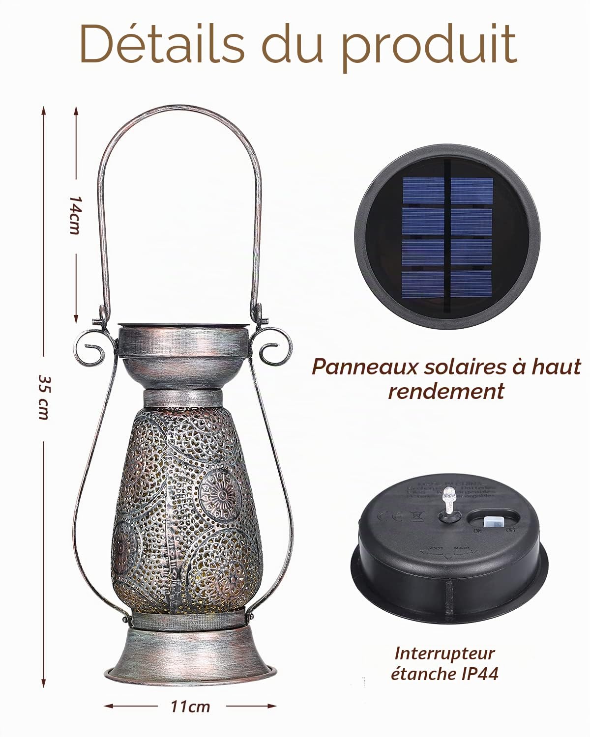 Görvitor Lot de 2 lanternes solaires pour extérieur, étanches IP44, en métal, pour extérieur, orientale, blanc chaud, lampe solaire LED pour extérieur, jardin, suspension, balcon, décoration de jardin