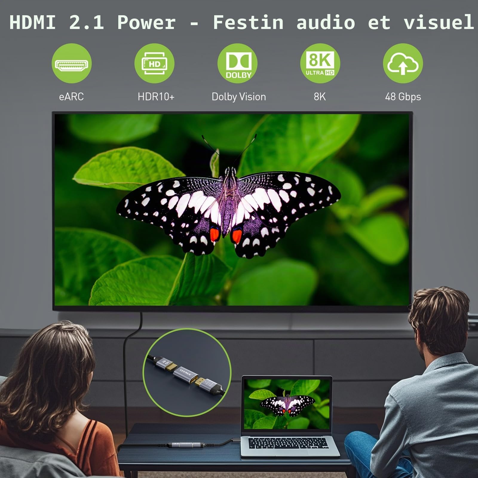 Connecteur HDMI 8K, 2 pièces Rallonge HDMI 2.1 Connecteur Femelle vers Femelle, Adaptateur prenant en Charge 8K@60Hz, 4K@120Hz UHD HDR eARC 3D Dolby, pour Ordinateur Portable, PC, Moniteur