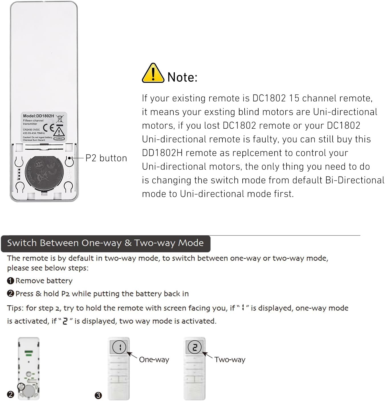 Instructions for switching DD1802H remote between one-way and two-way mode