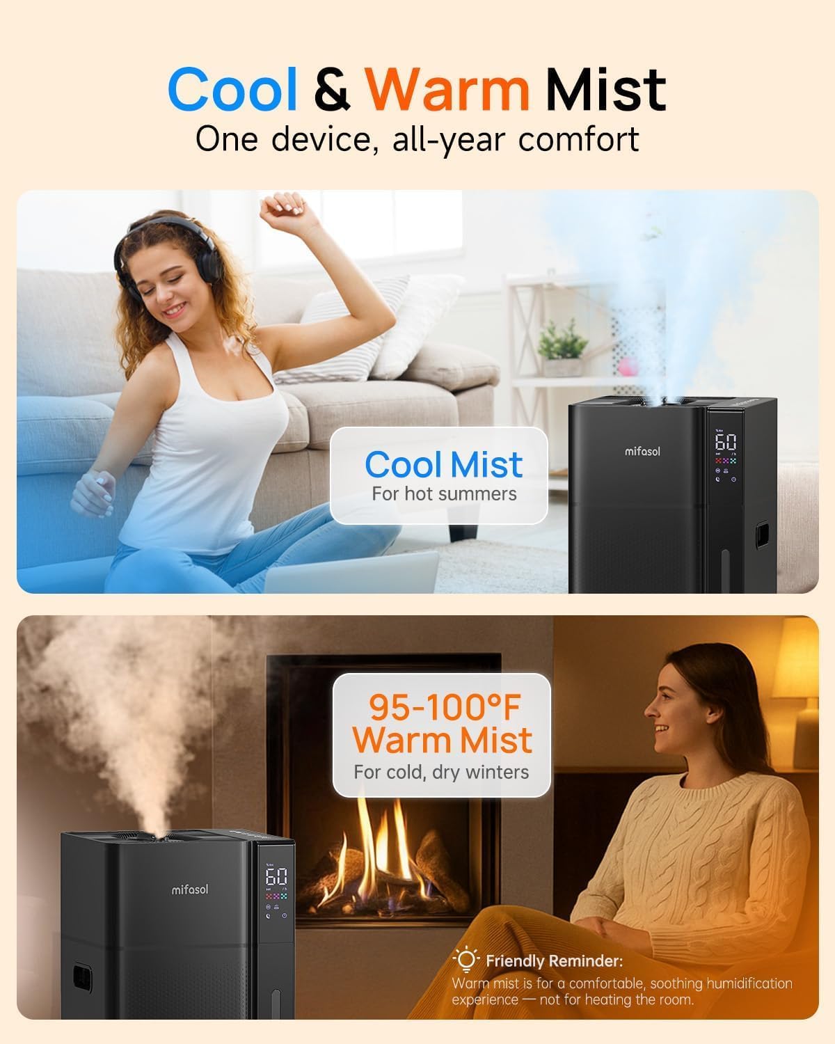 Mifasol Humidifier Large Room, Large Humidifiers for Home, Black | Cool & Warm Mist, 5.3Gal/20L Tank, Covers 1500 sq ft, Auto Humidity Control, Touch & Remote, For Whole House Bedroom Plants 4 71A1bb510LL. AC SL1500