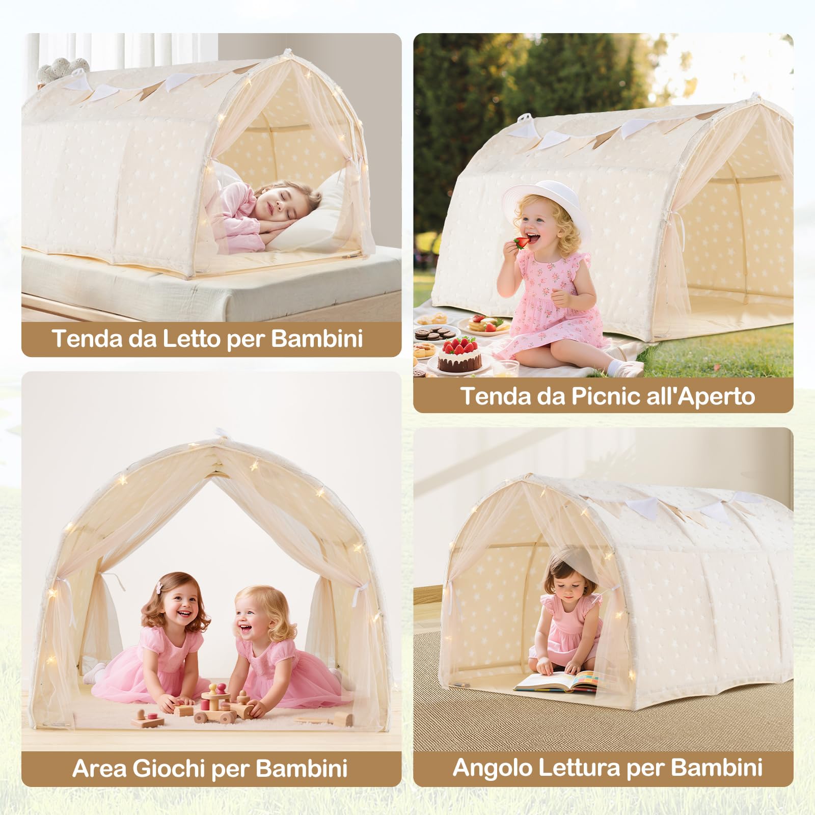 COSTWAY Tenda da Gioco per Bambini,Tenda Letto Cameretta con Stelle Luminose,Tende a Rete, Luci a Filo e Bandiere, Design Pieghevole, per Bambini 3+ Anni, 137 x 101 x 82 cm