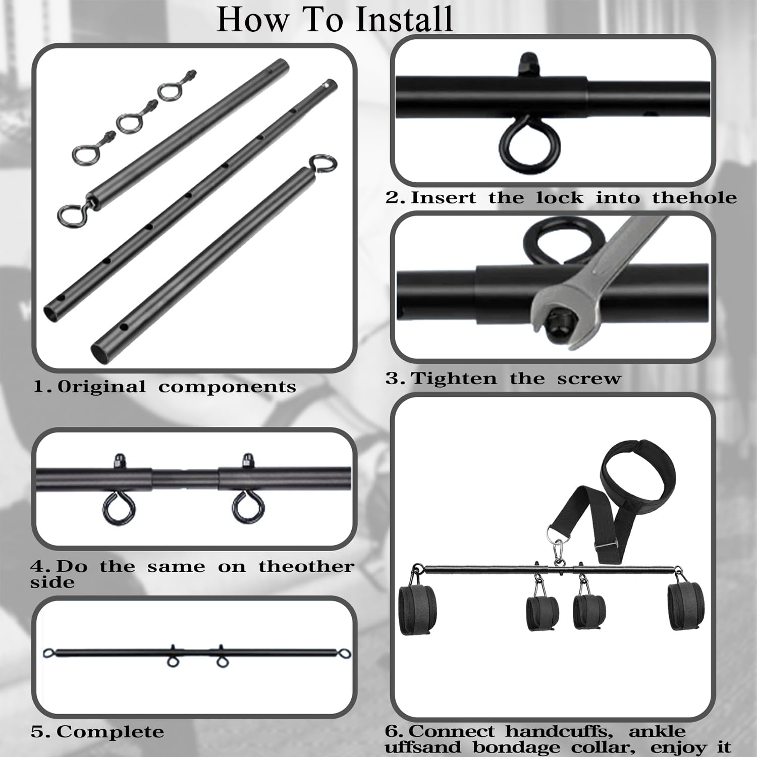 Menottes BDSM, Kit de bondage polyvalent de cou à poignet avec barre d'écartement, menottes et chevillères réglables, jouets sexuels pour couples, jouets sexuels pour adultes pour jeux SM (56-91 cm)