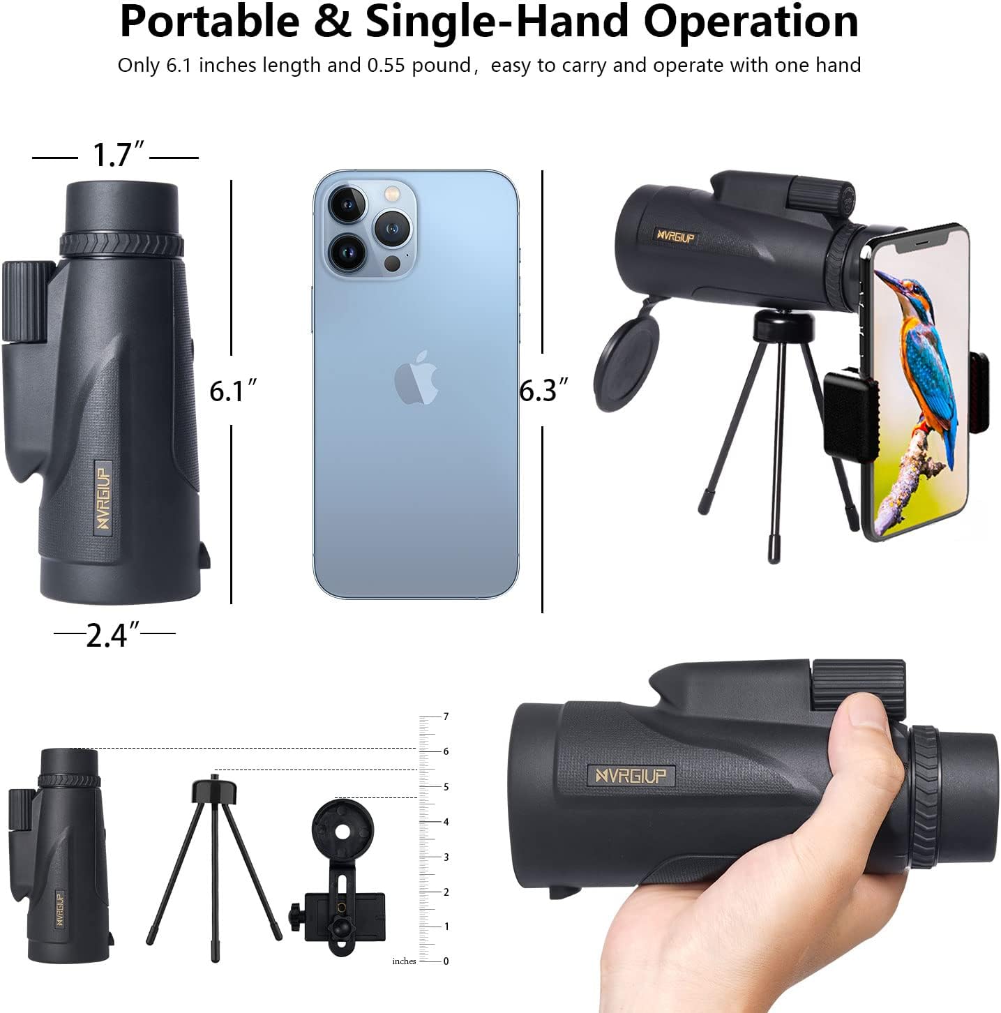 NVRGIUP 12X50 Monocular Telescope, High Power Monocular with Smartphone Holder & Tripod, Waterproof Zoom Telescope, BAK4 Prism Dual Focus for Hunting Bird Watching : Electronics