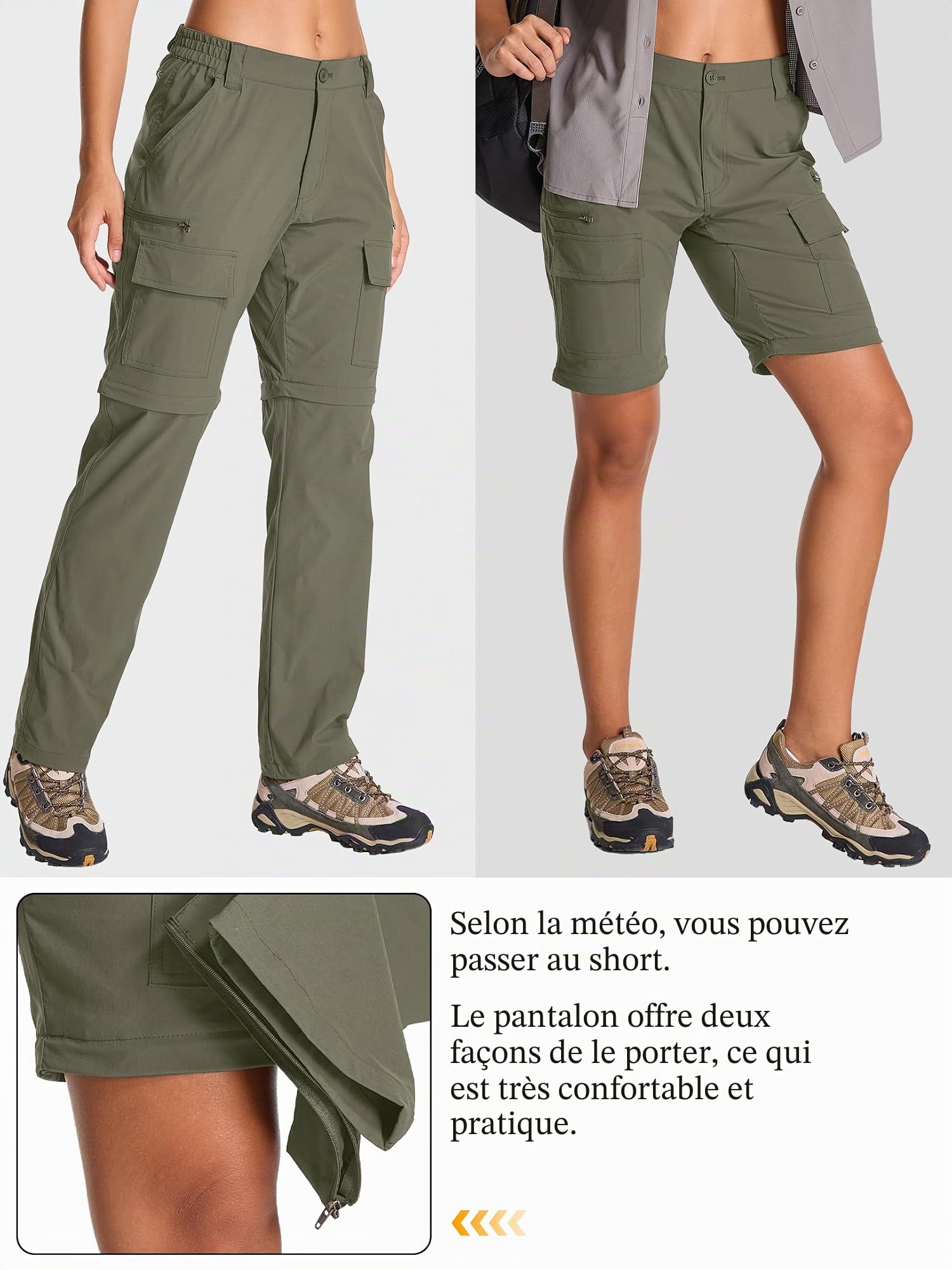 Pantalon de randonnée zippé pour Femme, Convertible léger à séchage Rapide pour Femme léger et Amovible, Respirant et à séchage Rapide idéal pour Le Safari, pour l'été et Le Travail
