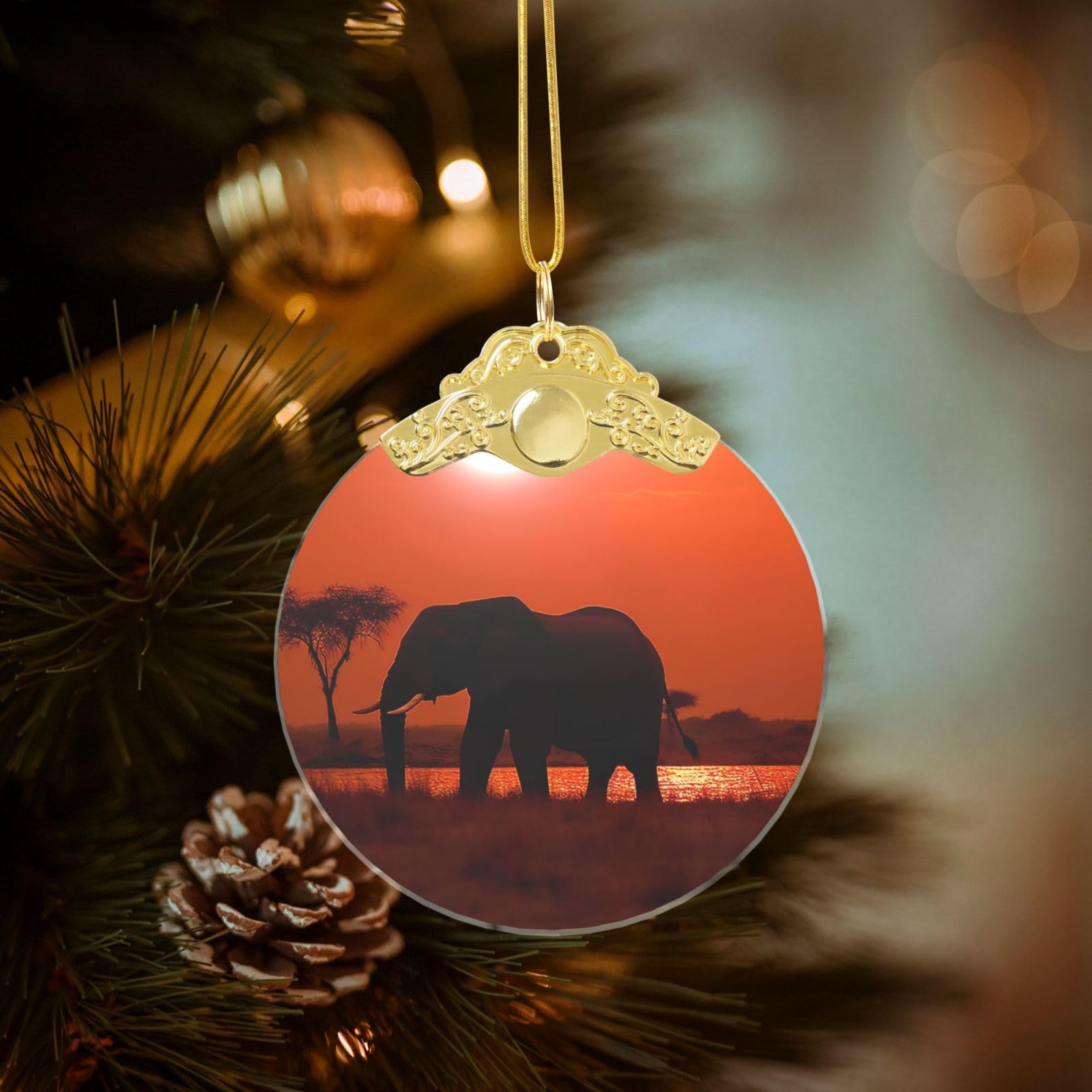 Crystal Christmas Ornaments for Christmas Tree Decoration Hanging Sunset African Elephant Ornament with Gold Ribbon Crafts Round Pendant for Keepsake Gifts Glass Xmas Decor Party Supplies