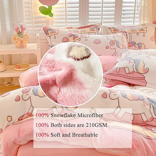 Miniatura 3 de OranFran Juego de funda de edredón de carrusel para niños, juego de ropa de cama kawaii rosa con copos de nieve, funda de edredón suave y