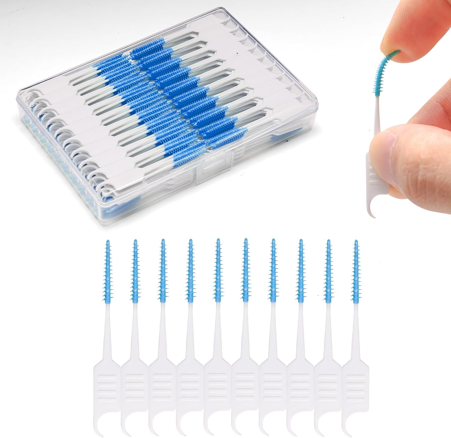 ACSKD 300PCS Dental Floss Picks,Dual-Use Interdental Brushes,Soft Silicone Brush Head Toothpicks, Tooth Picks Flossers for Teeth Braces Cleaning (Blue)