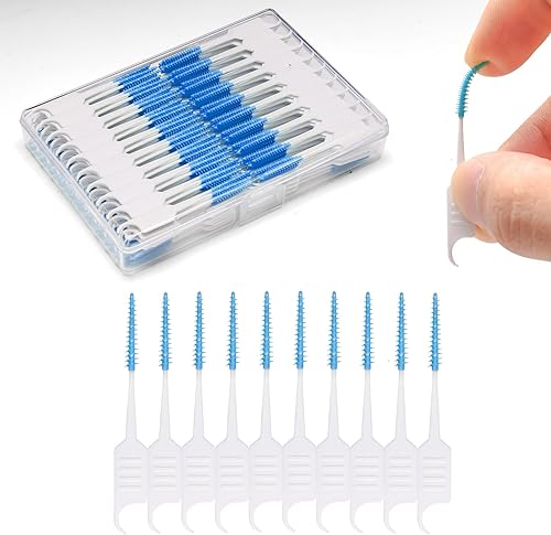 200 púas de hilo dental, cepillos interdentales de doble uso, palillos de dientes de cabeza de cepillo de silicona suave, púas de dientes para Azul