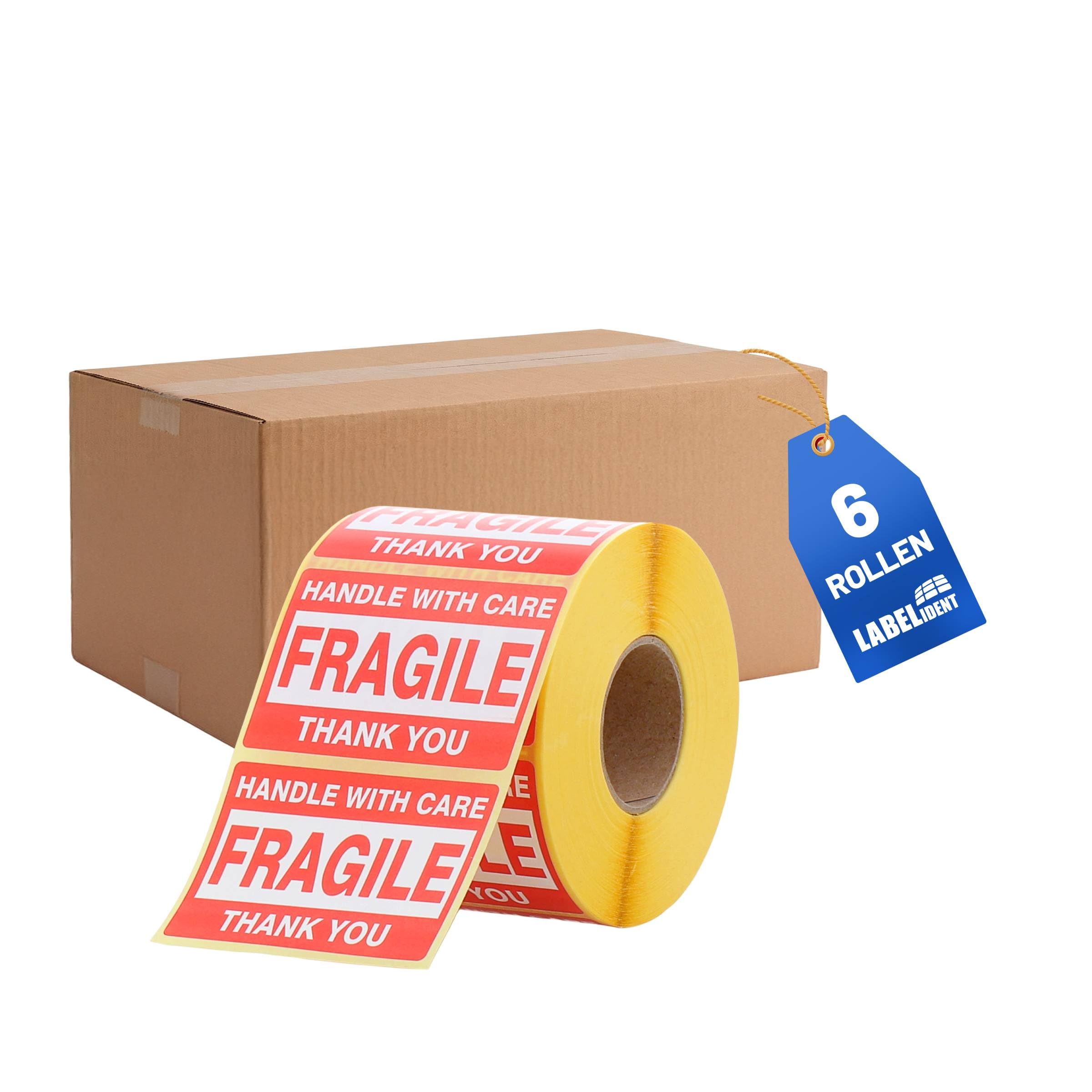 Labelident Warnetiketten 76 x 51 mm - Paket Aufkleber handle with care/fragile/thank you - 6.000 Versandaufkleber auf 6 Rolle/n, Versandetiketten selbstklebend