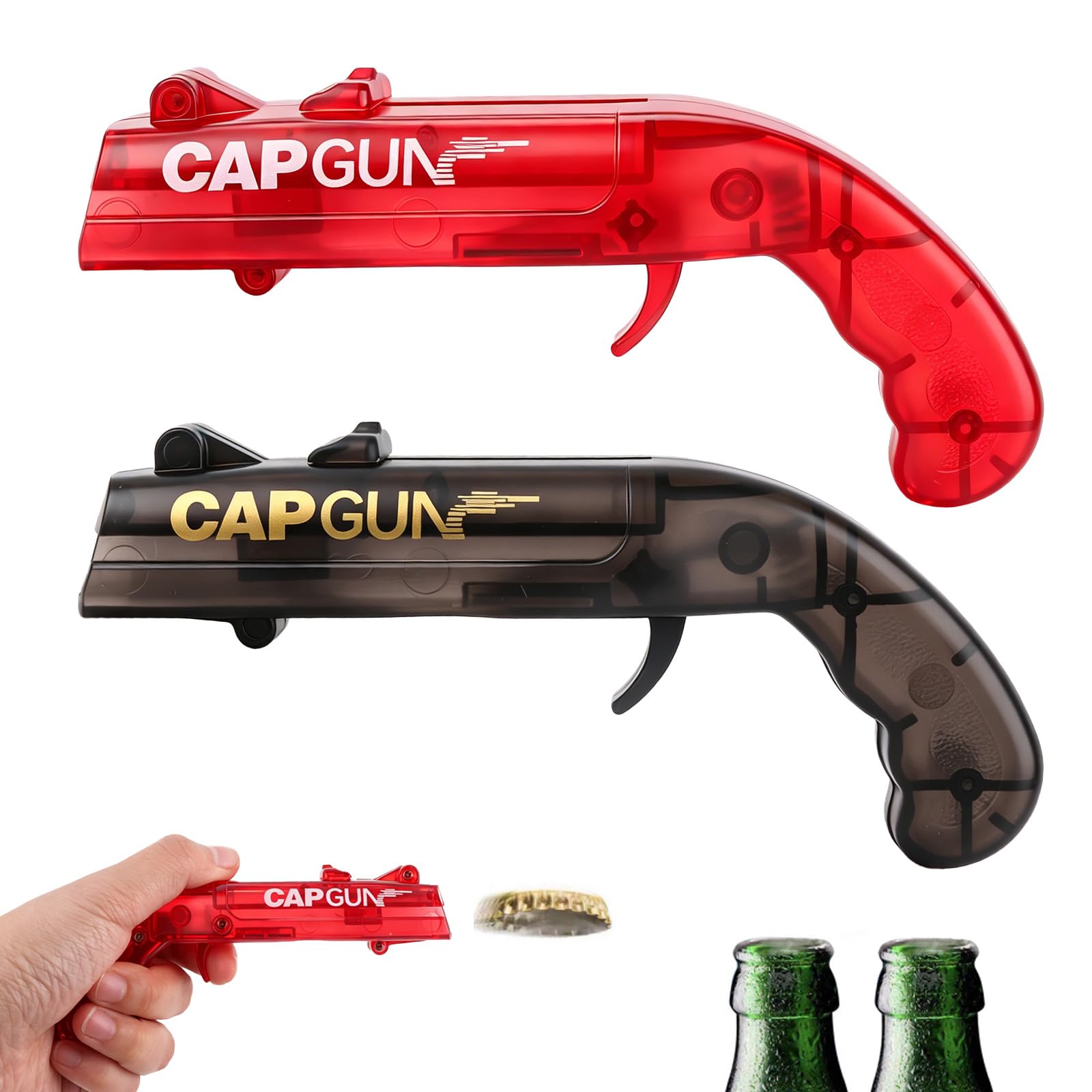 2 Pcs Beer Bottle Opener Cap Gun, Funny Cap Gun Bottle Opener Launcher Shooter, Caps for Cap Gun for Shooting Game Home Bar Party Christmas, Gift for Him(Transparent Black + Red)