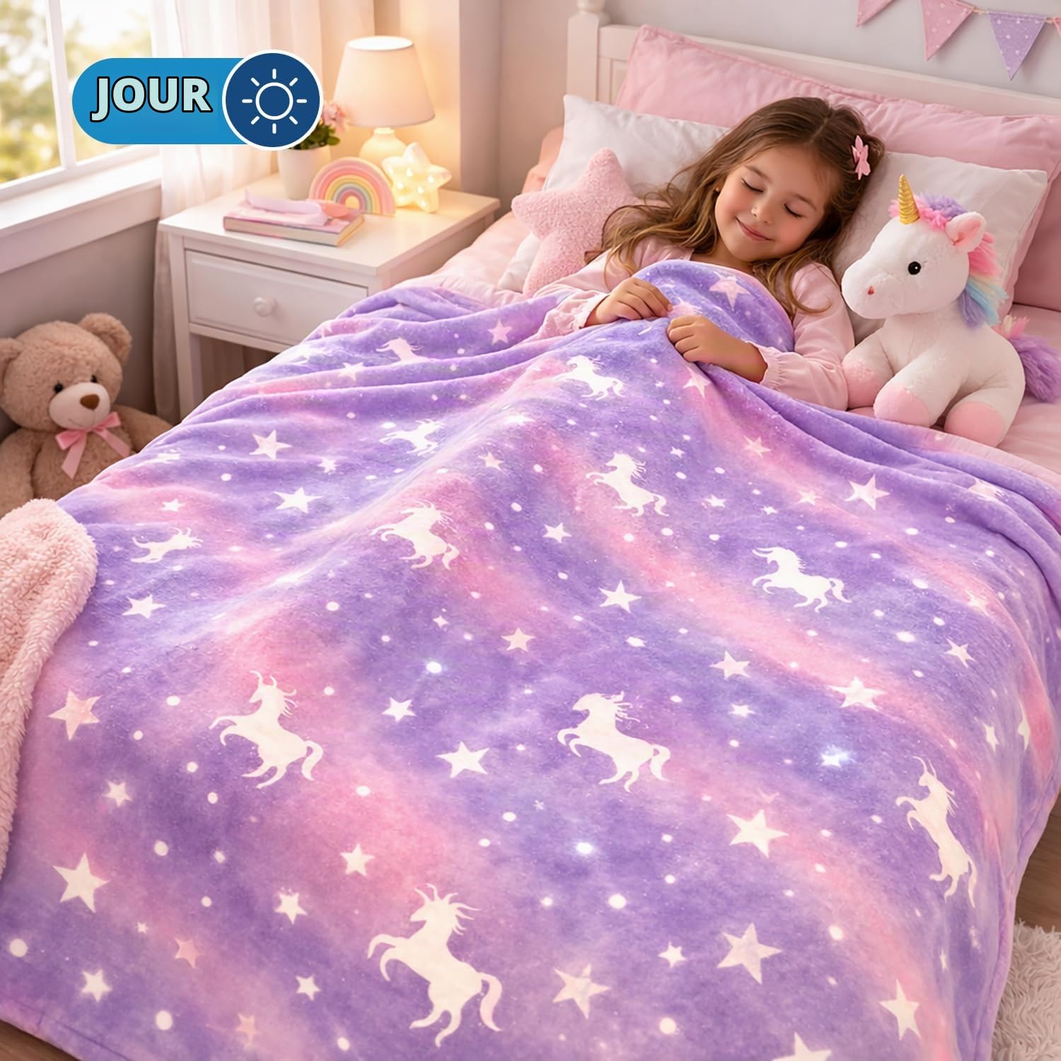 Couverture phosphorescente pour Enfants Couverture en Flanelle Polaire Motif étoiles Couverture Toutes Saisons de Noël, d'anniversaire Violet