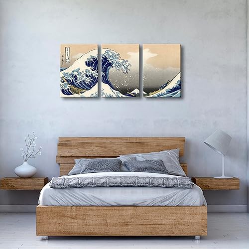 Vista 36 de Wieco Art Great Wave of Kanagawa Katsushika Hokusai 3 piezas modernas sobre lienzo estirado impresiones sobre lienzo, arte de pared para decoración