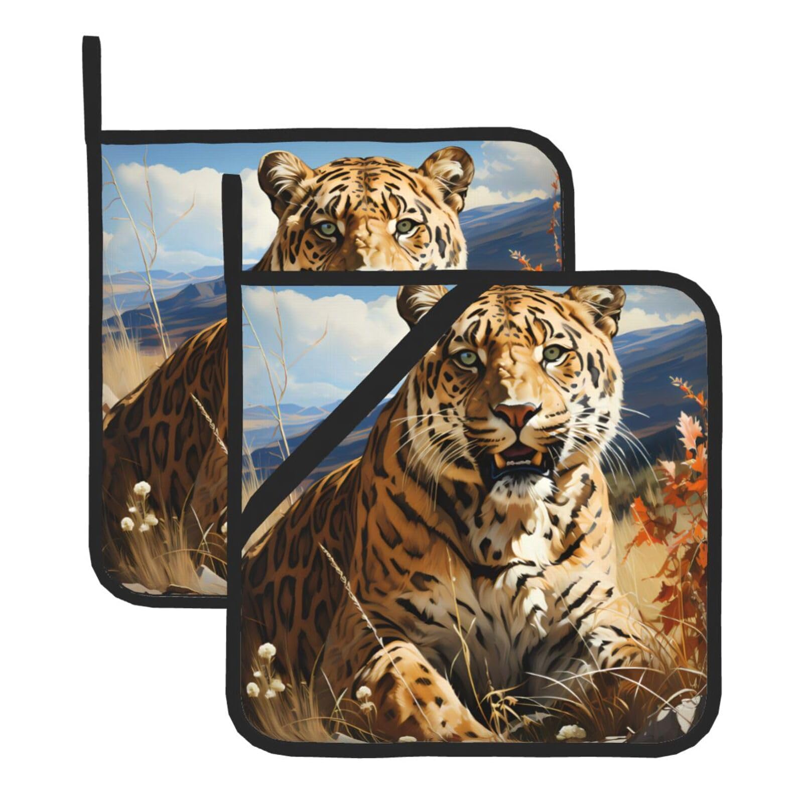 Leopard in search of prey Square Heat Resistant Trivet Set Thick and Durable for Baking Barbecue Cookware Oven