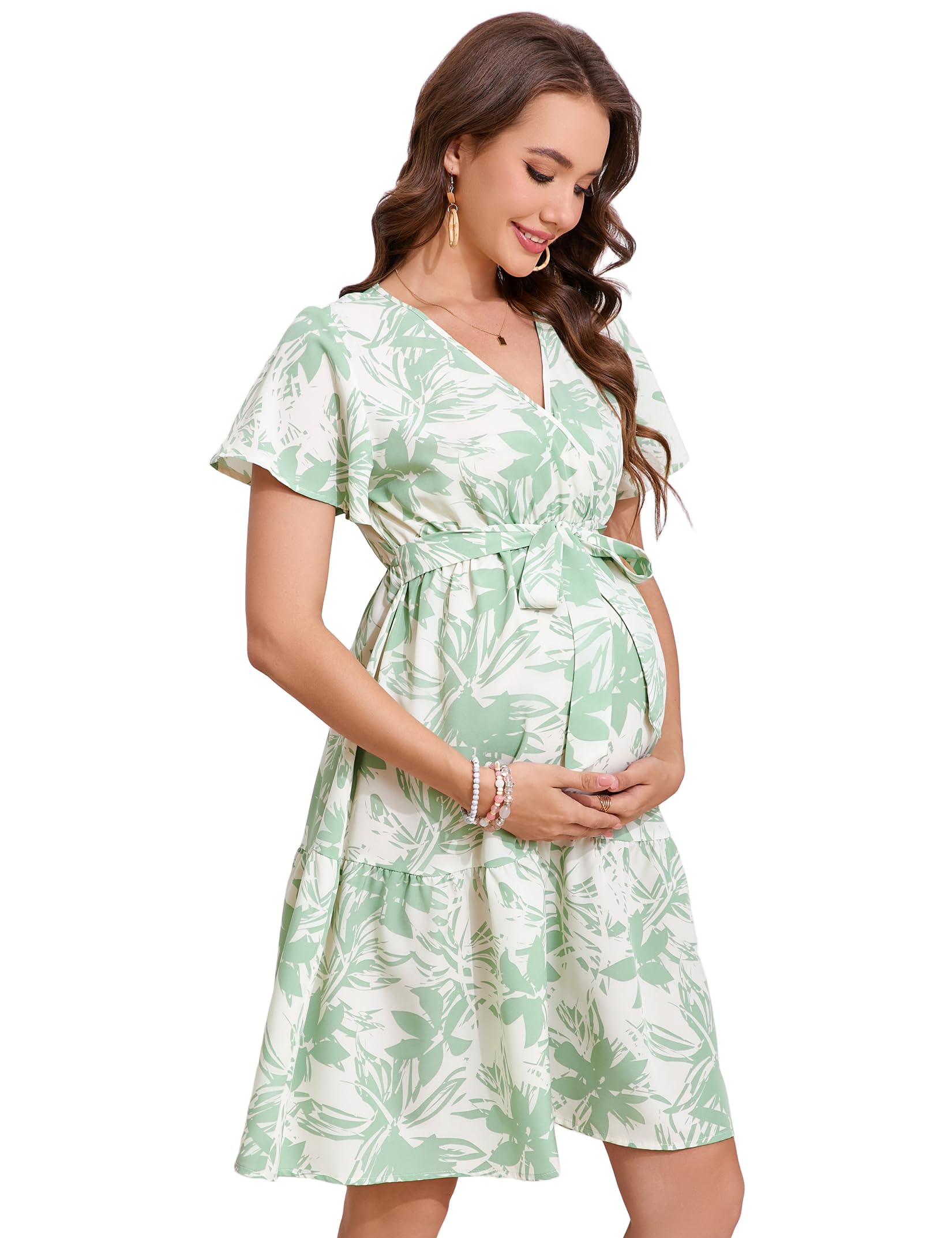 YesFashion Damen Umstandskleid Sommer V-Ausschnitt Stillkleid Kurzarm Elegant Schwangerschaftkleider Umstandsmode Kleid mit Gürtel(Verpackung MEHRWEG)