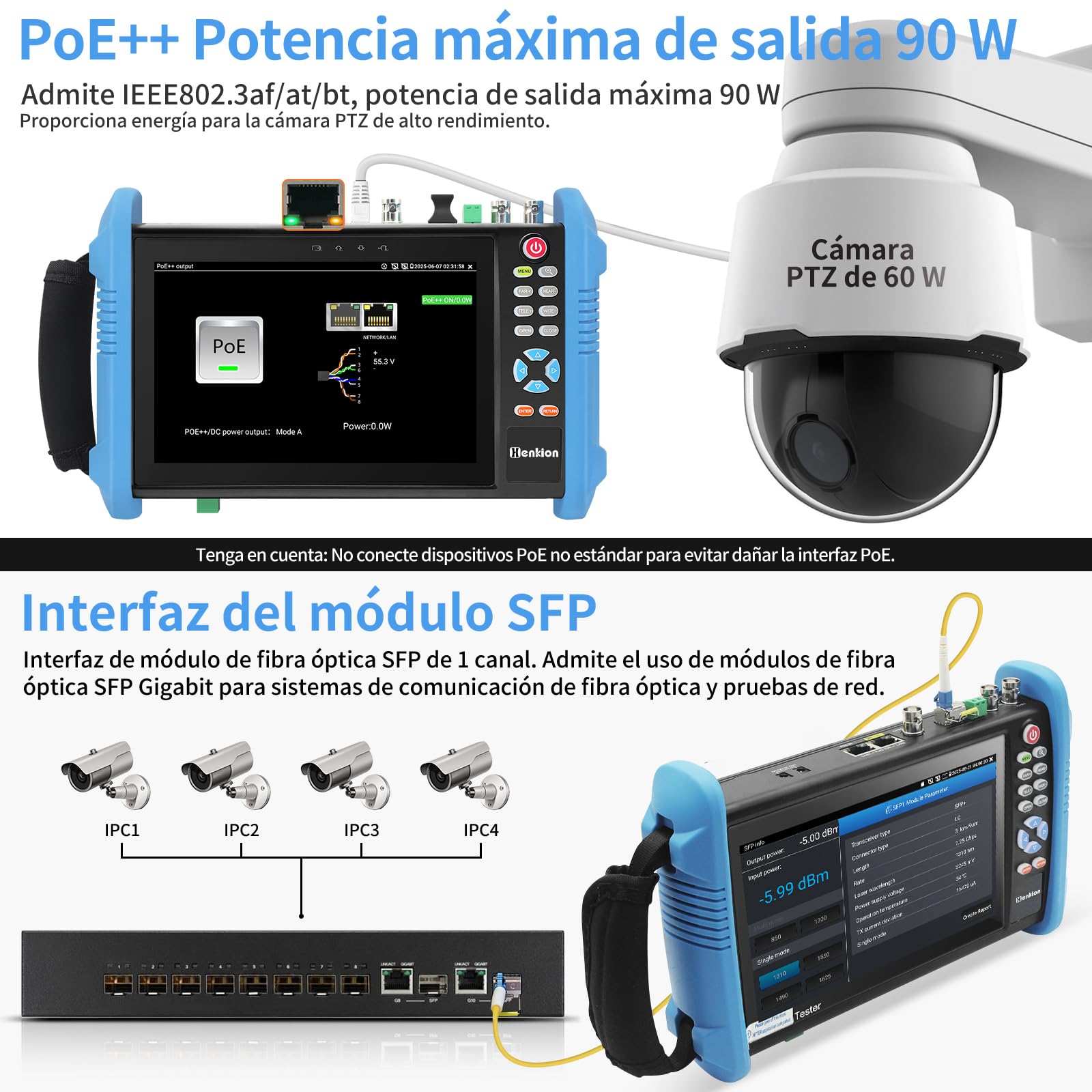 Henkion Herramientas prueba Probador de cámara CCTV 7 Pulgadas IPS Táctil IPC-9800ADHS Pro Soporta 8K y 4K 8MP HD-TVI CVI AHD SDI Prueba IP Probador de cable de red Soporte POE SFP HDMI VGA WiFi RS485