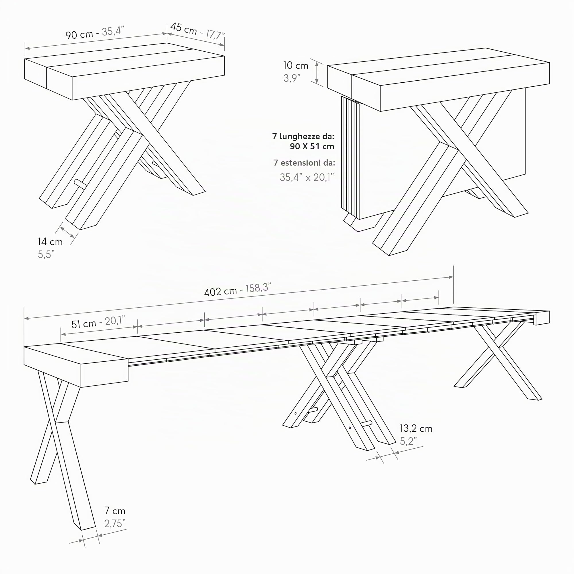 PAZZO DESIGN, Tavolo Consolle Allungabile Grazia con porta prolunghe e gambe bianche a X, Fino A 16 Posti, Cucina, Salvaspazio, Made in Italy, Da 45 A 402 Cm - id_2374