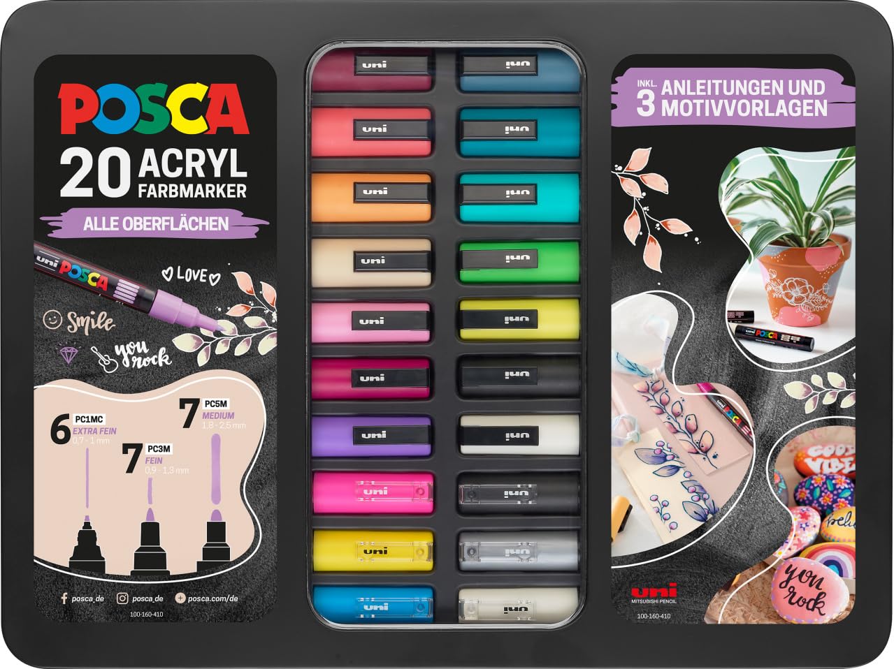 Faber-Castell uni-ball 186829 - Zestaw markerów POSCA, 20 sztuk, w tym instrukcja do 3 projektów DIY