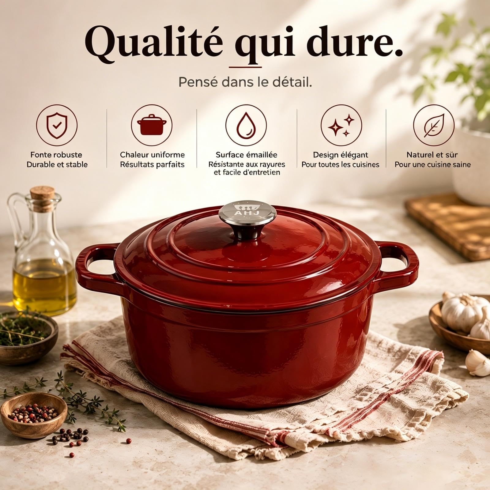 AHJ 4 Casseroles en Fonte Émaillée, Ensemble de cocottes avec poêle à Pain de 4,5 L, rôtissoire de 2,5 L, poêle à Griller de 1,2 L et Couvercle, antiadhésif, va au Four jusqu'à 260°C, Rouge