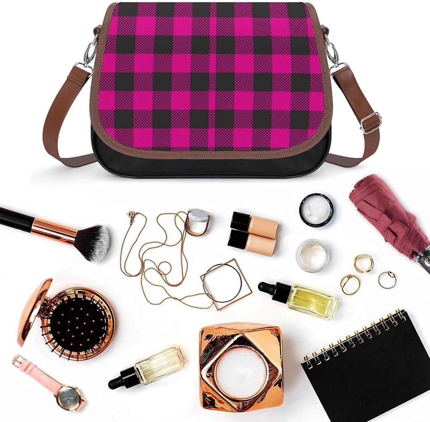 Hot Pink PlaidWomen's Faux Leather Crossbody Bag, Waterproof Wrinkle-Resistant Shoulder Bag with Detachable Strap, Large Capacity Casual Handbag, Fashion Daily Purse for Shopping Work Dating, Ideal Gi