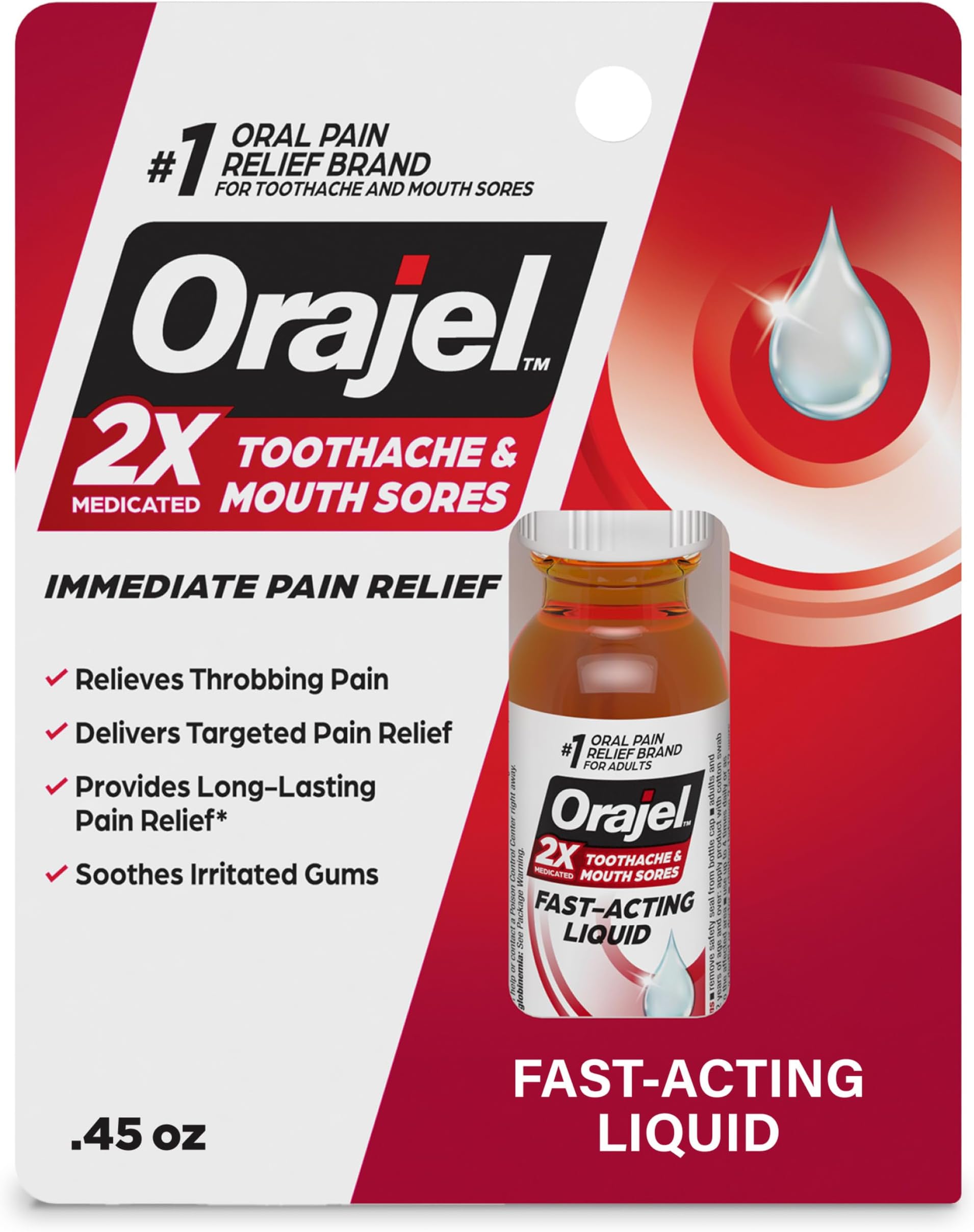 Orajel 2X Medicated Toothache & Mouth Sores Liquid, 0.45 fl oz