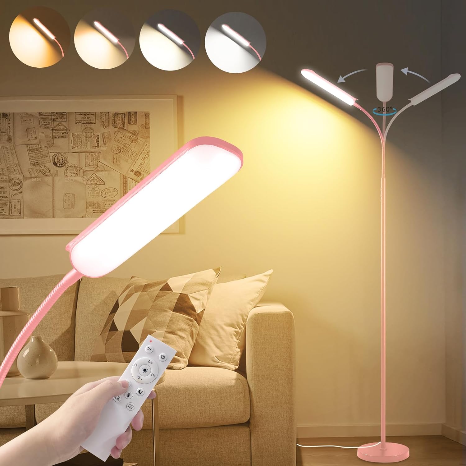 Pink LED Floor Lamp, 18W 1800LM Bright Floor Lamp with Remote & Works with Smart Plug, Dimmable Timing Eye Caring Reading Light Modern Standing Floor Lamps for Living Room Bedroom Office