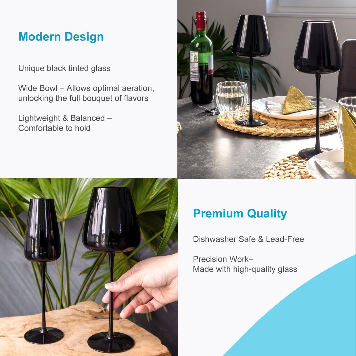 INTIRILIFE 6x Wein Glas mit modernem Design in Schwarz - 500 ml Füllmenge - Weißwein Rotwein Glas Kelch Spülmaschinenfest Kristallglas stoßfest