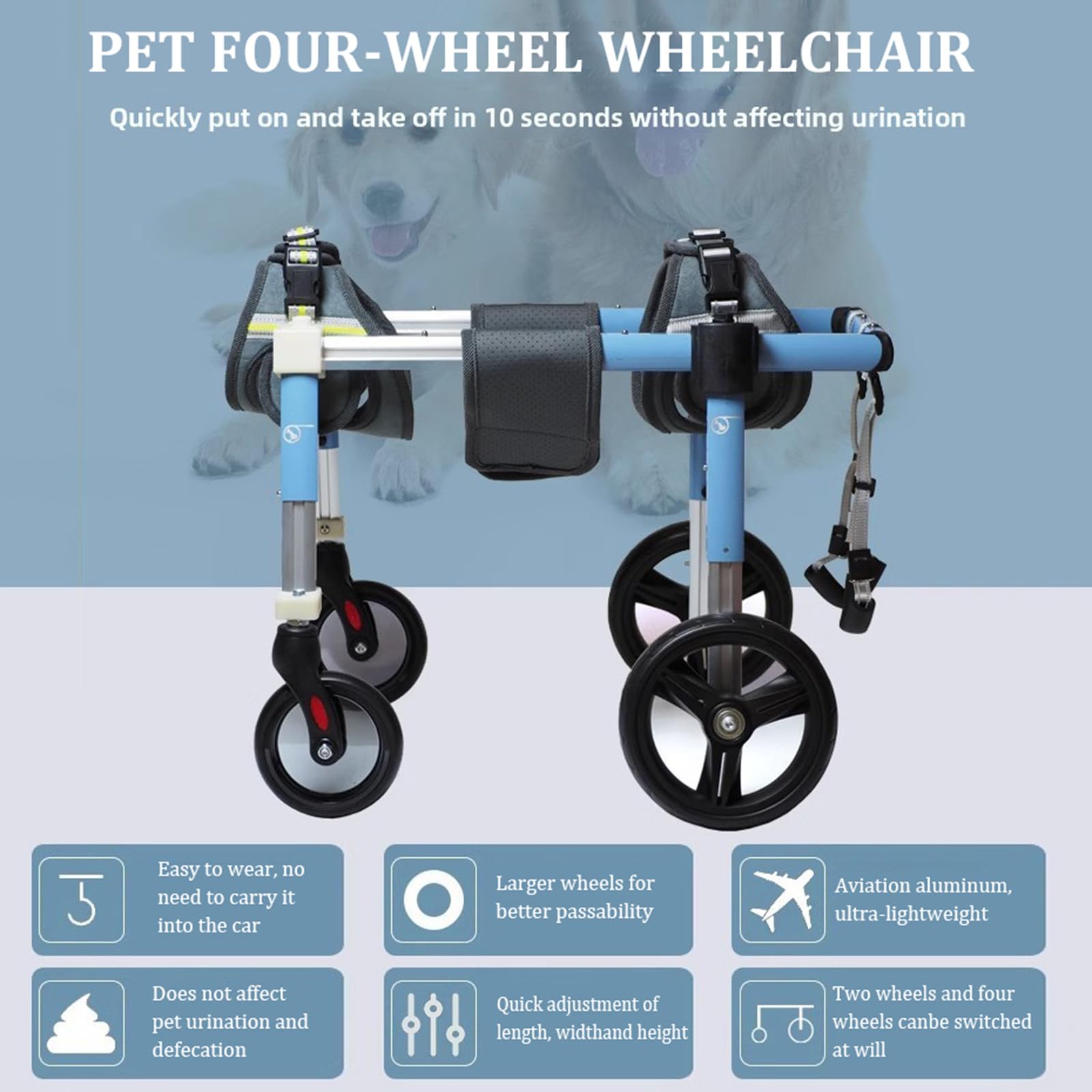 Mothdust Carrellino per Cani 4 Ruote Lunghezza Larghezza Altezza Regolabile Supporto Corpo Completo per Cani Disabili Paralizzati Anziani Riabilitazione Assistenza Mobilita Carrello(M)