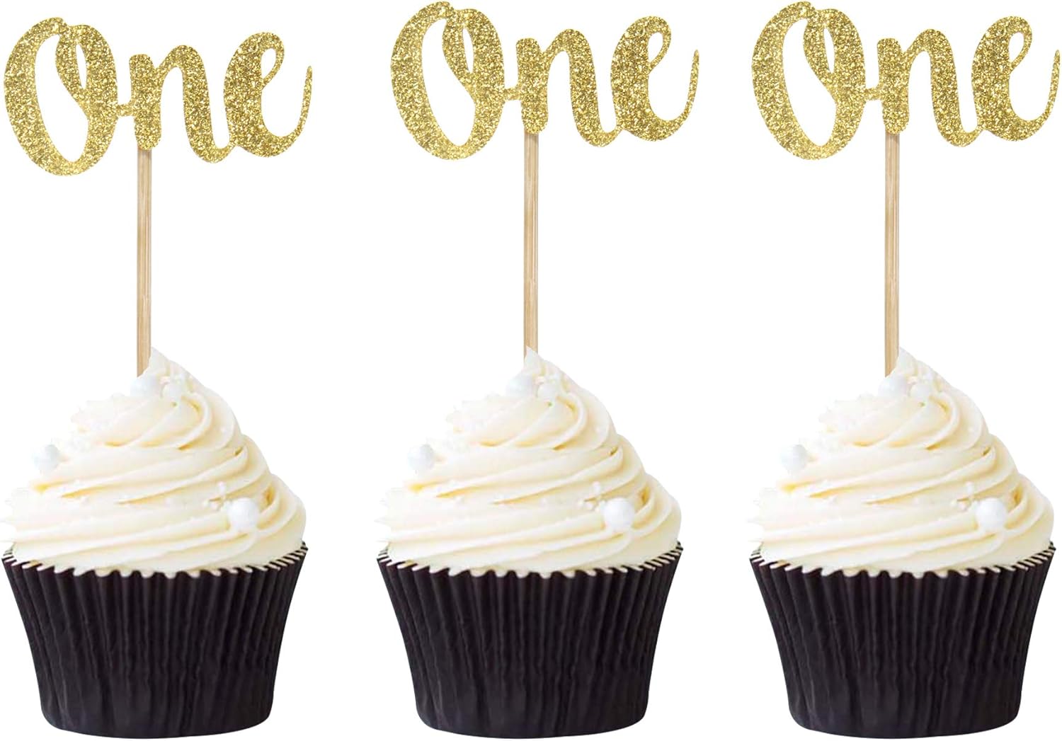 Pack of 24 One Cupcake Toppers Gold Glitter First Birthday Cake Picks Anniversary Party Decors