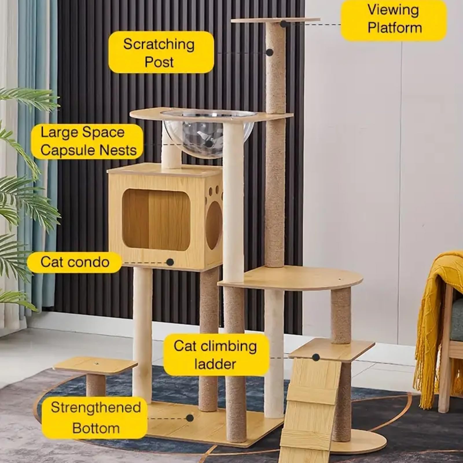 Albero per Gatti in Legno, Alto 135Cm, Tiragraffi per Gatti Adulti, Tiragraffi per Gatti con Cuccia, Piattaforma, Capsula in Acrilico, Casetta per Gatti, Albero Tiragraffi per Gatti