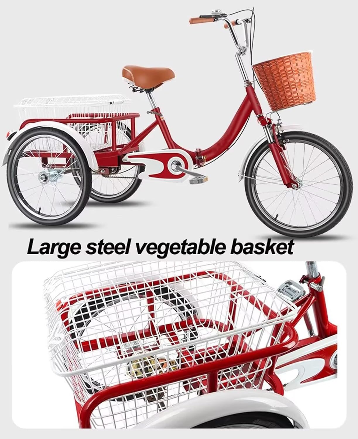 20inch Cargo Tricycle for Adult and Elderly,Folding Cruiser Bike Trike with Shopping Basket,3 Wheels Bicycle with Double Chain Drive,Shock Absorb Front Fork,Rickshaw Pedal Trike, brown-20inch