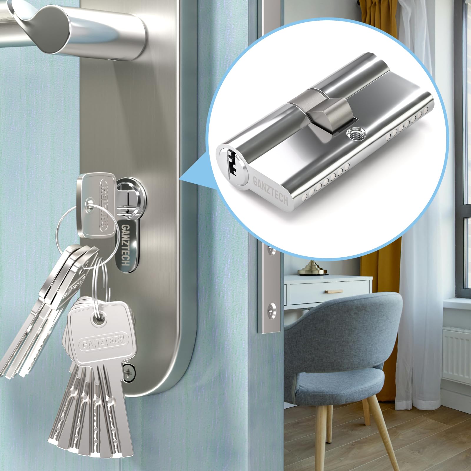 40/40 (80mm), Serratura a botte Cromatura, chiave con 8 chiavi punzonate orizzontali, Serratura a cilindro europeo in Lega di alluminio, Stabile sicuro per porte in legno, composite e UPVC