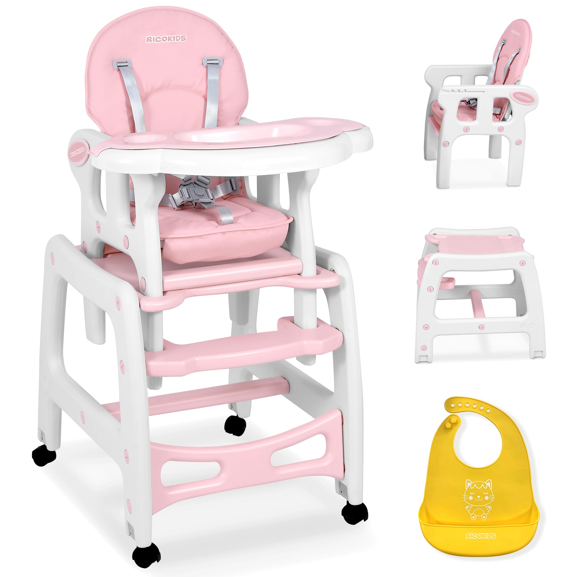 Ricokids Sinco Kinderhochstuhl - Babyhochstuhl Mitwachsender - Multifunktions Hochstuhl 5in1 - Tisch + Babystuhl Regulierbar - Schaukelfunktion - 3-fache Neigungsverstellung der Rückenlehne - (Rosa)