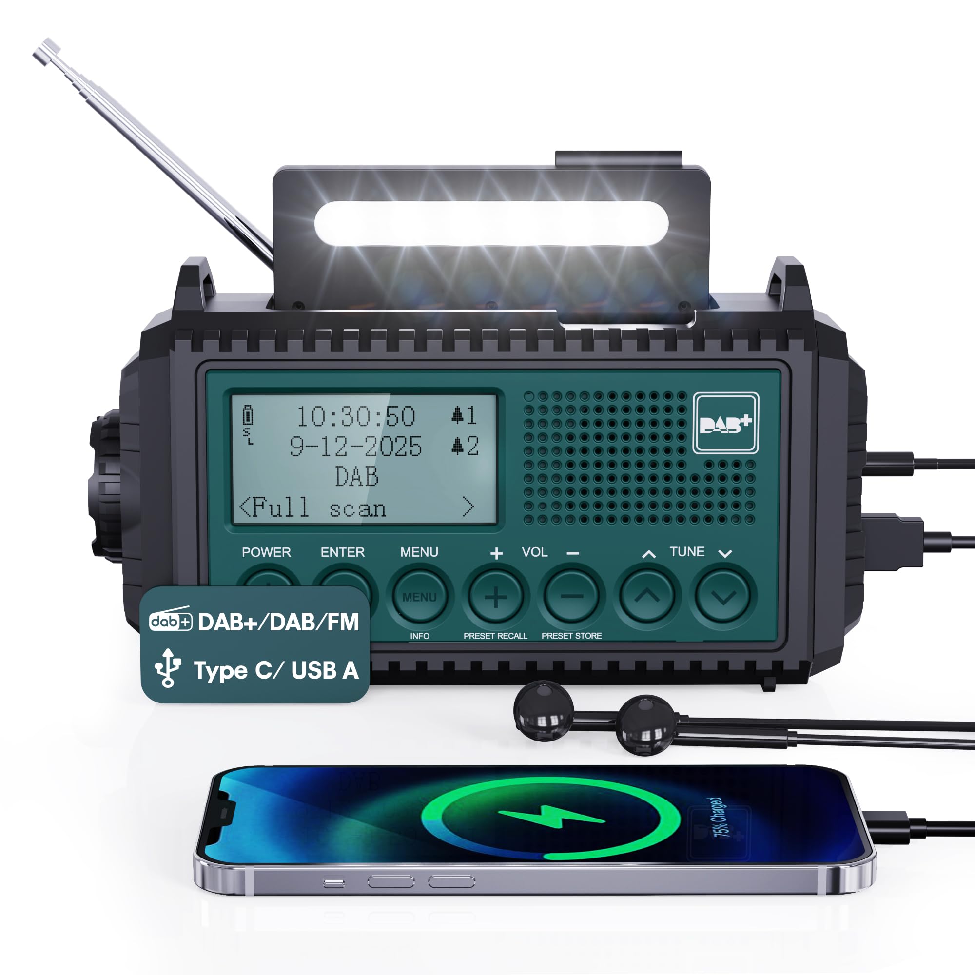 Radio à Manivelle Dab+/Dab/FM avec Batterie Rechargeable 5000mAh, Lampe de Poche, Camping Portable, Charge USB, Dynamo SOS